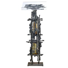 Brutalist Hammered Iron Podium with Art Glass Insert Panels and Lucite Top