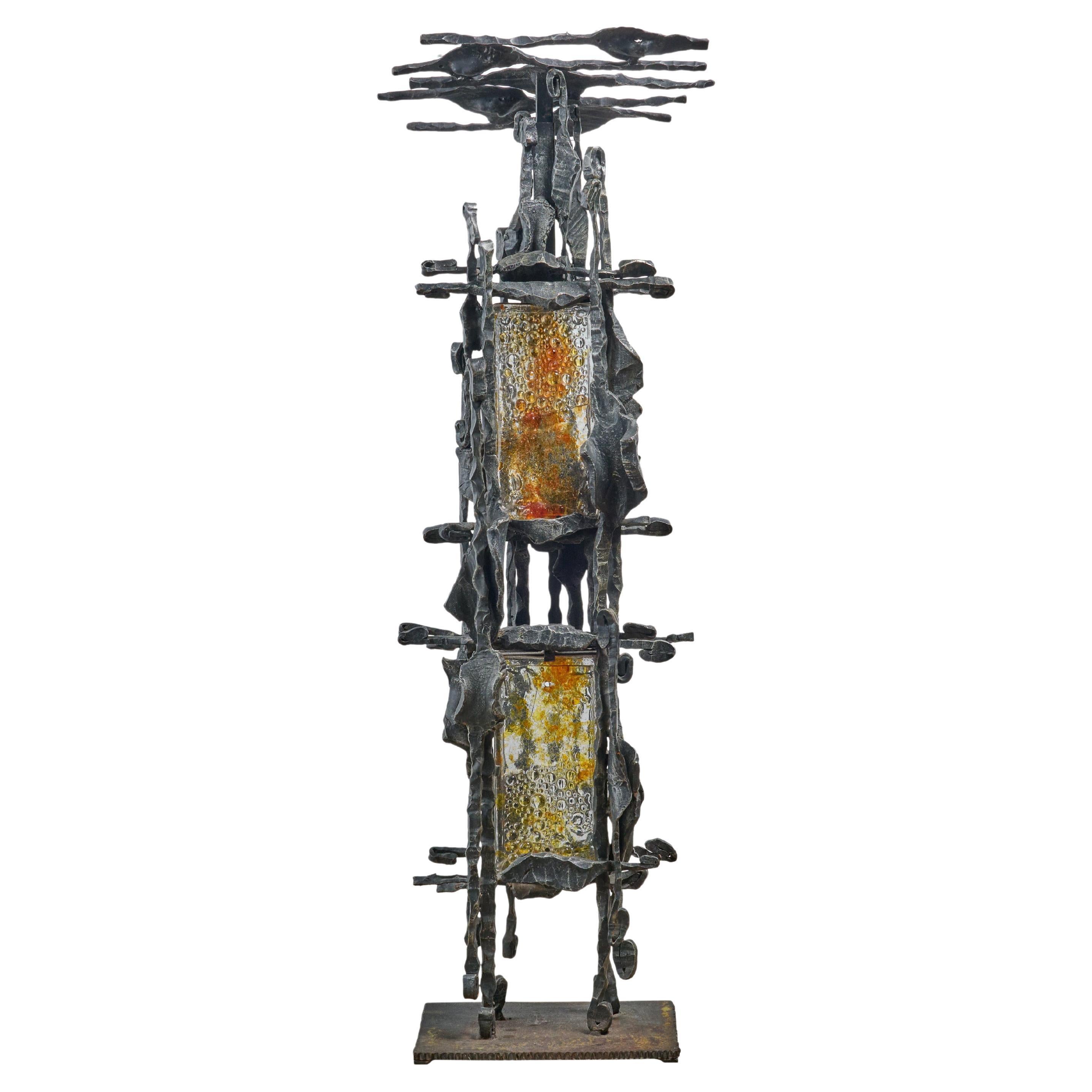 Brutalist Hammered Iron Podium with Art Glass Insert Panels and Lucite Top For Sale