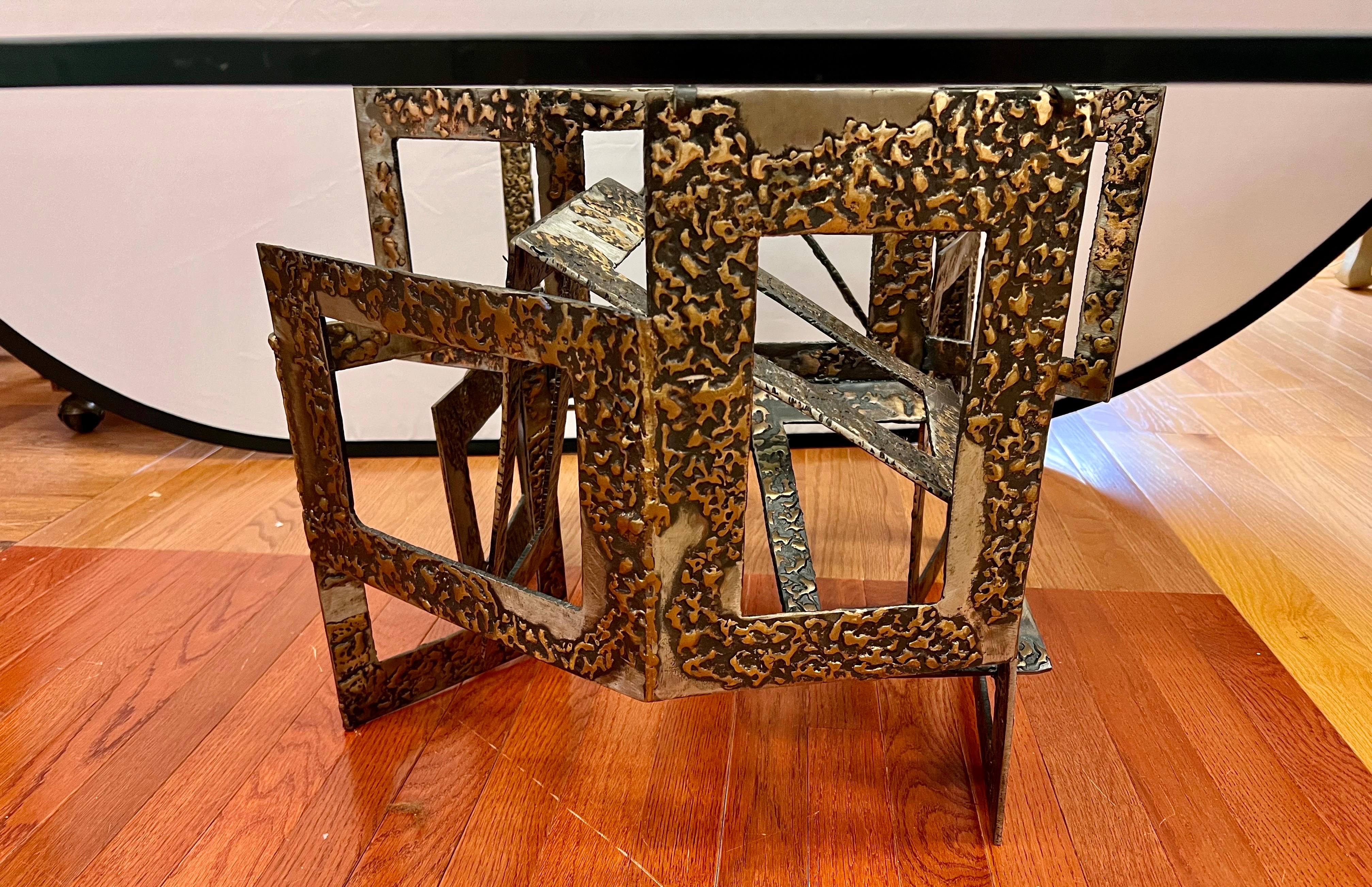 American Brutalist Hammered Metal and Glass Sculptural Octagonal Cocktail Coffee Table For Sale