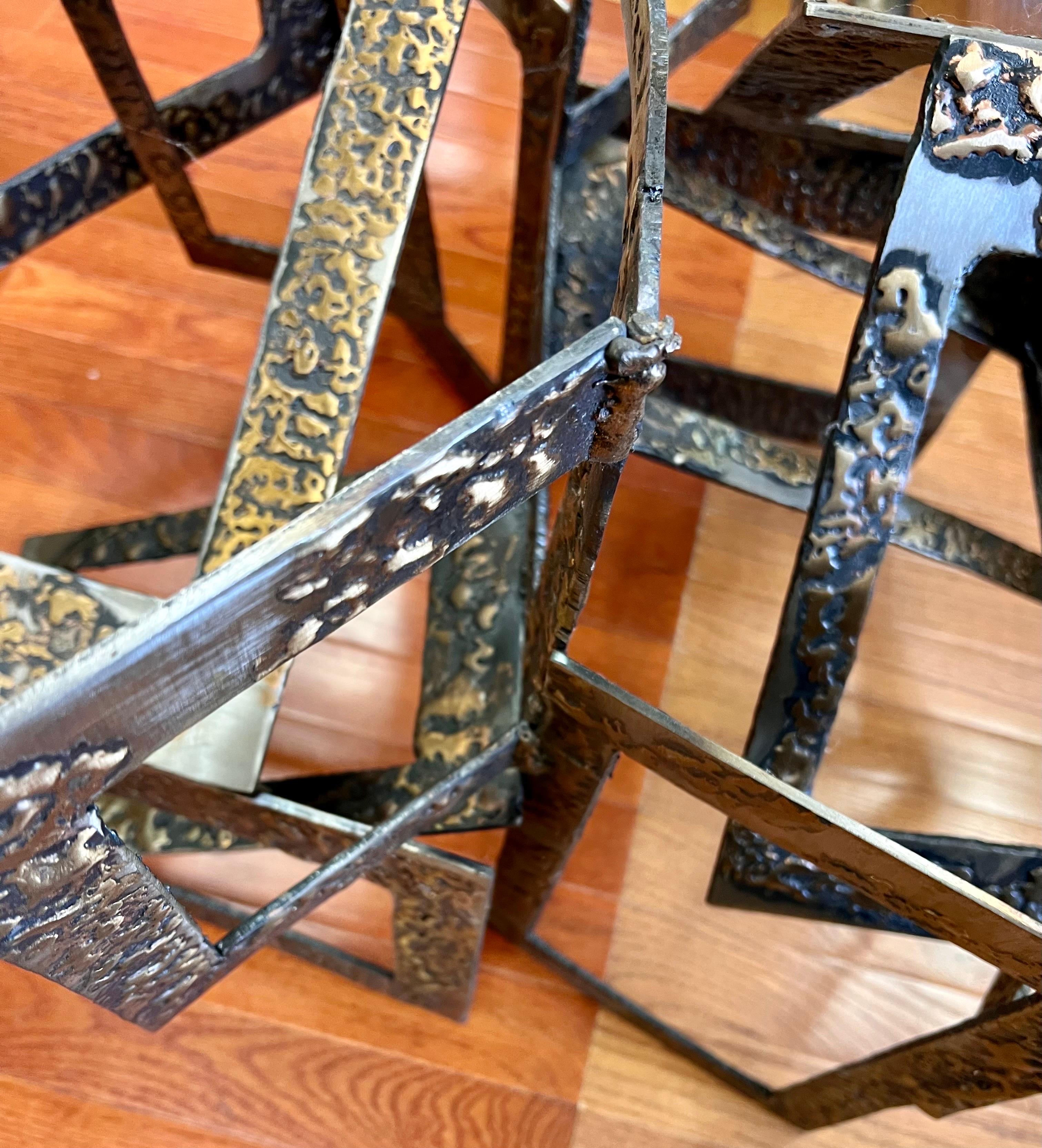 Late 20th Century Brutalist Hammered Metal and Glass Sculptural Octagonal Cocktail Coffee Table For Sale