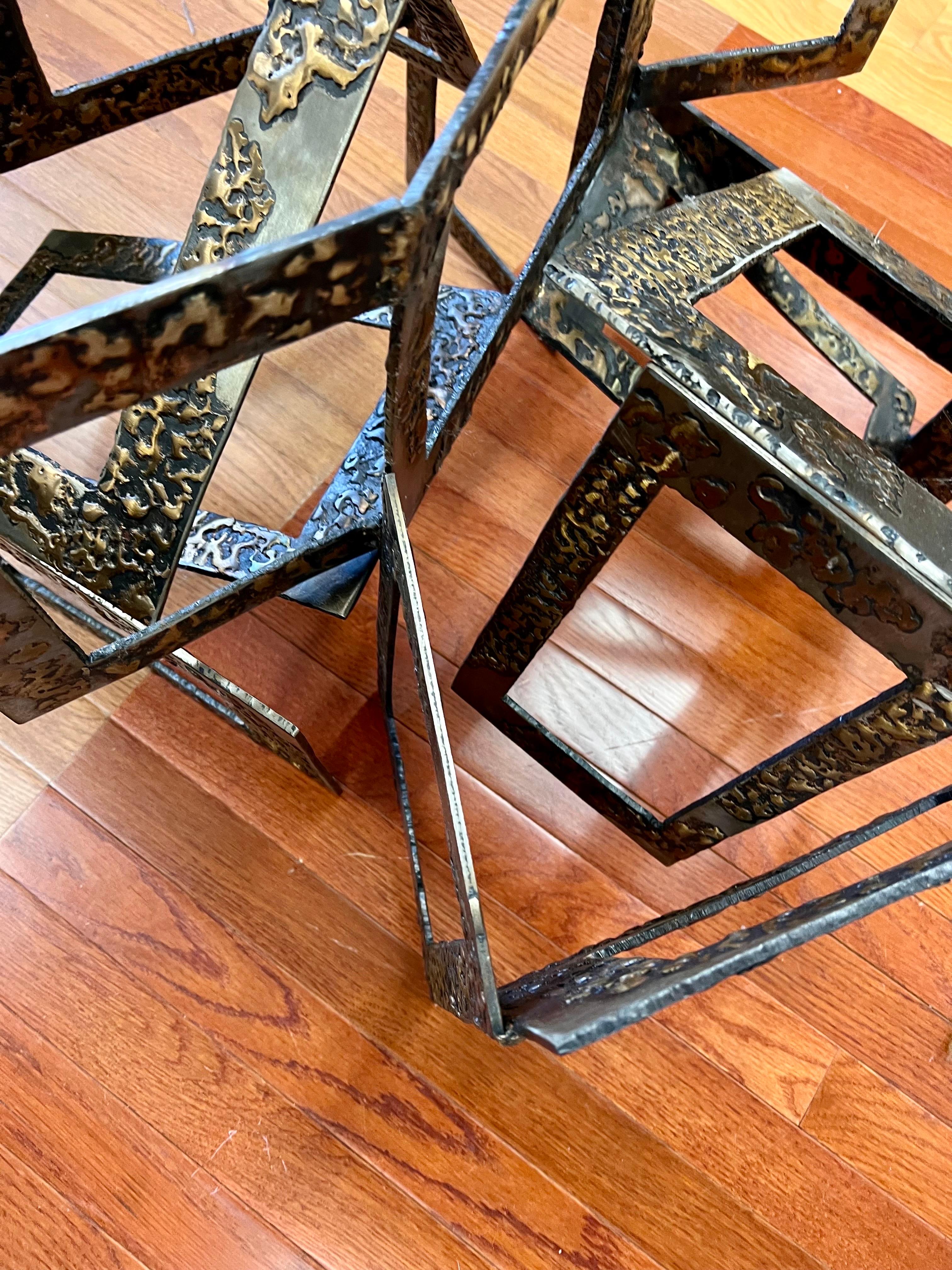 Brutalist Hammered Metal and Glass Sculptural Octagonal Cocktail Coffee Table For Sale 2