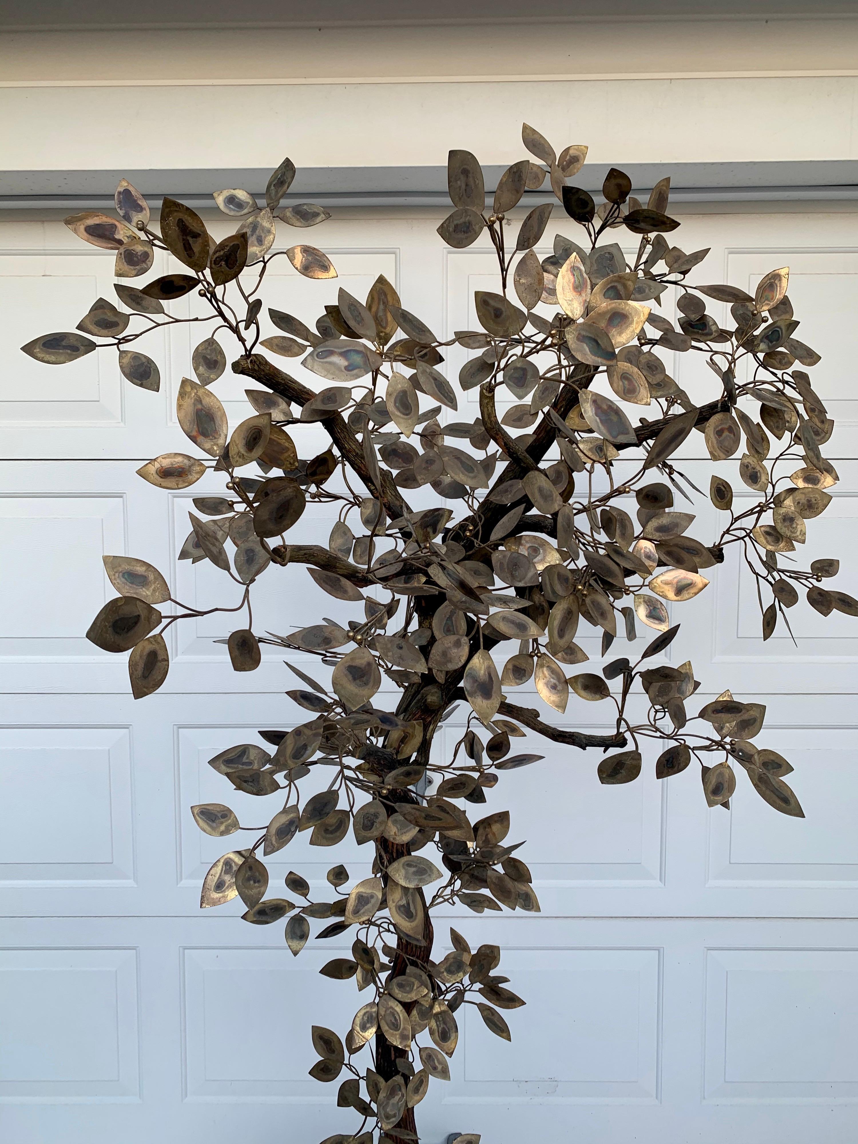 Mid-Century Modern Brutalist Hammered Metal Tree Sculpture with Uplight, Curtis Jere, 1960s For Sale