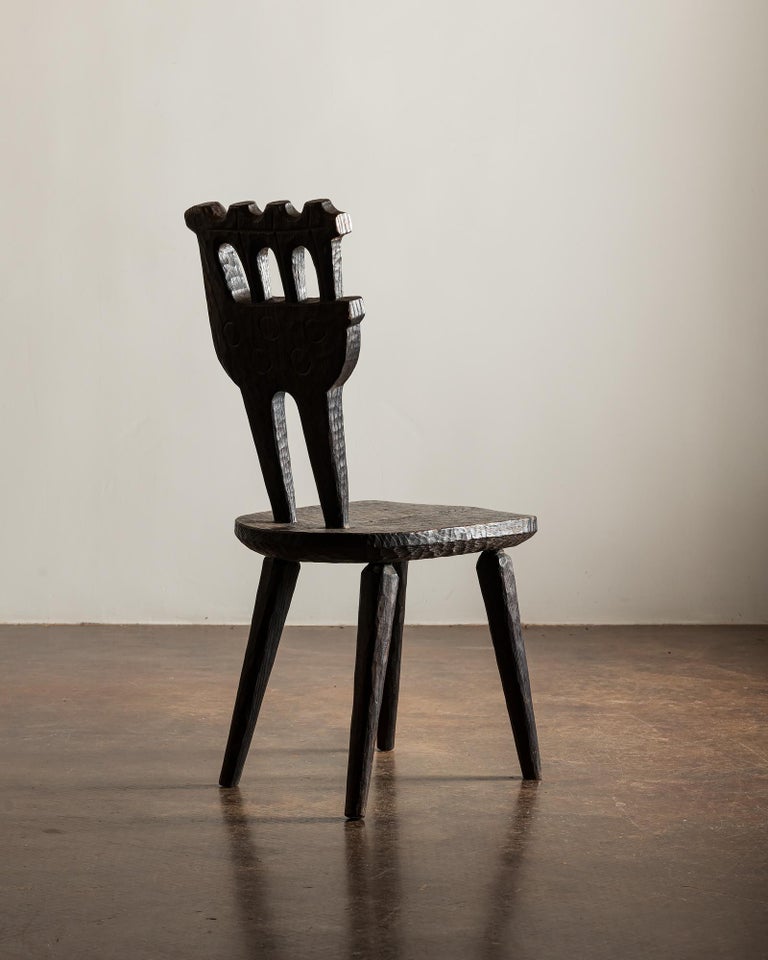 Hand-Carved Brutalist Hand Adzed Wood Chairs in the Manner of Jean Touret, Poland 1970s