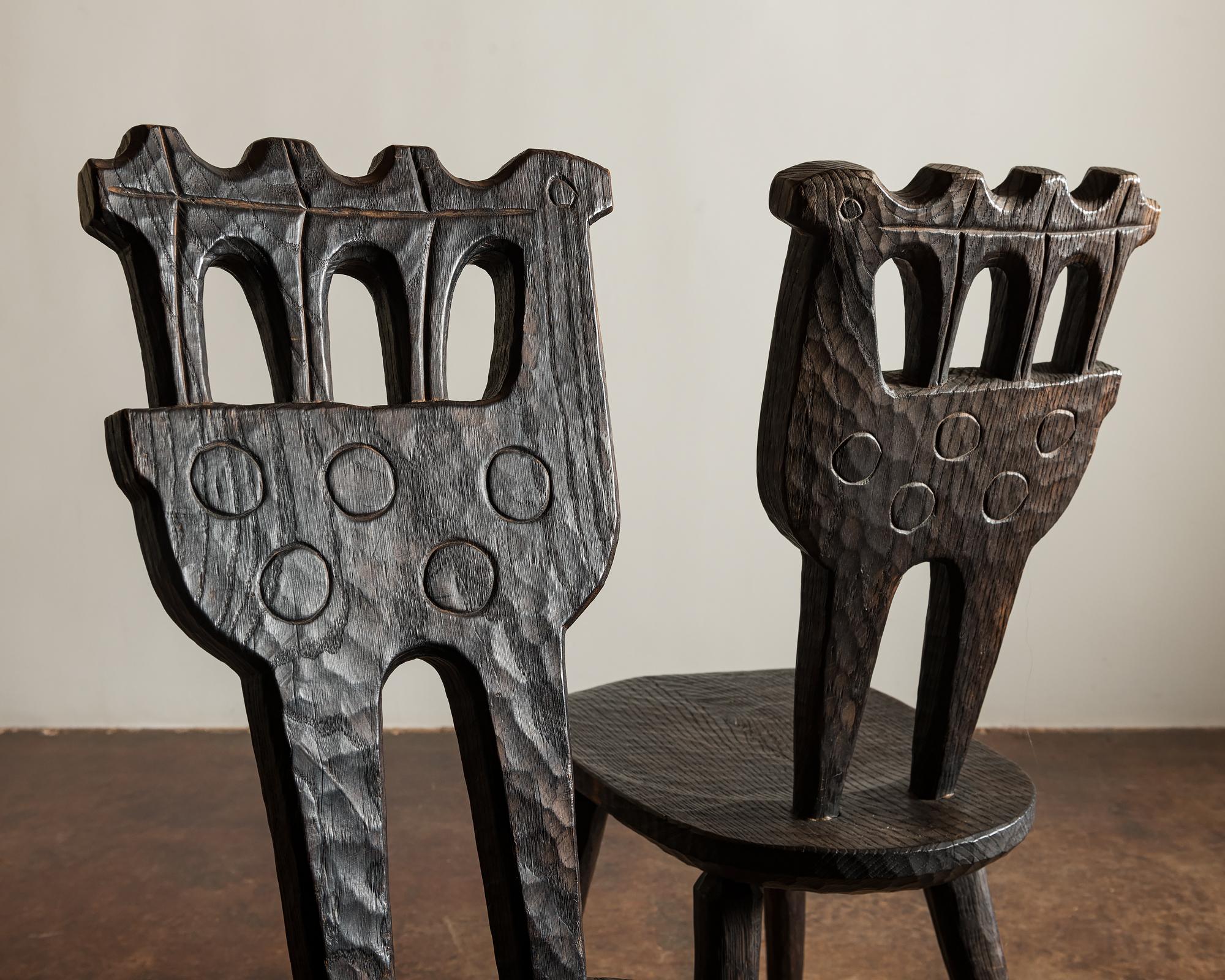 Hardwood Brutalist Hand Adzed Wood Chairs in the Manner of Jean Touret, Poland 1970s