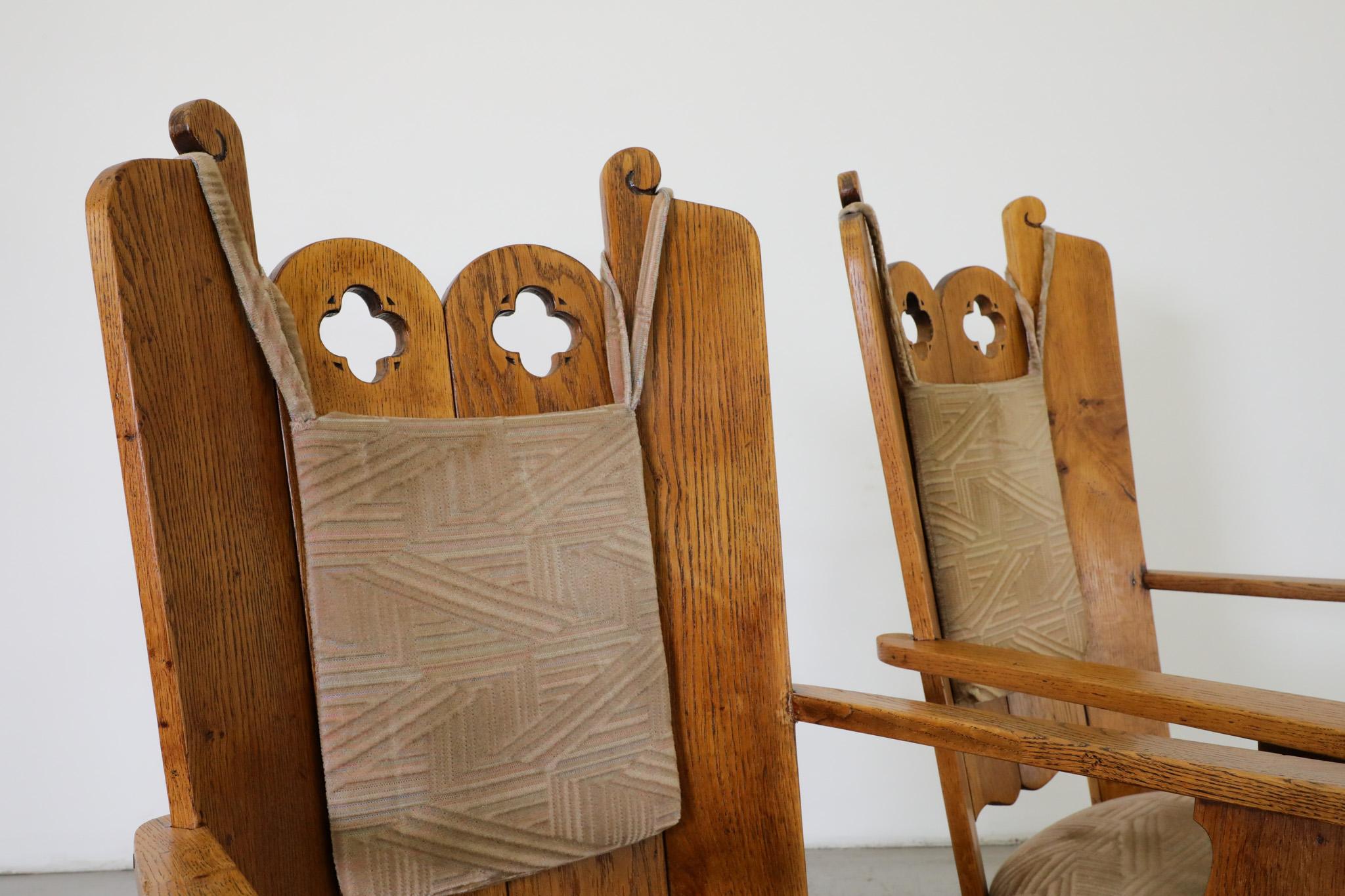 Brutalist Hand-Carved High Back Oak Lounge Chairs with Original Cushions For Sale 4