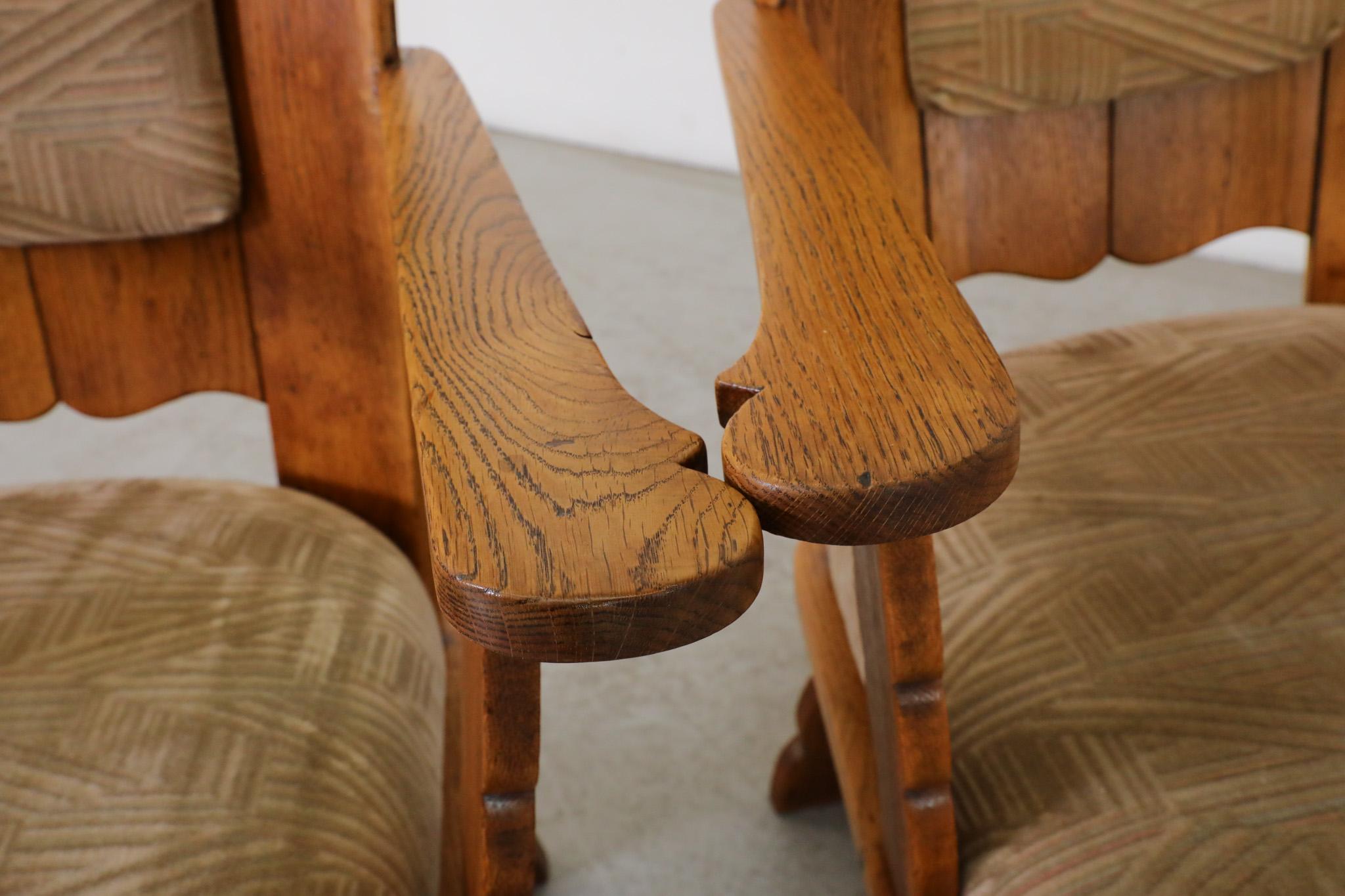 Brutalist Hand-Carved High Back Oak Lounge Chairs with Original Cushions For Sale 10