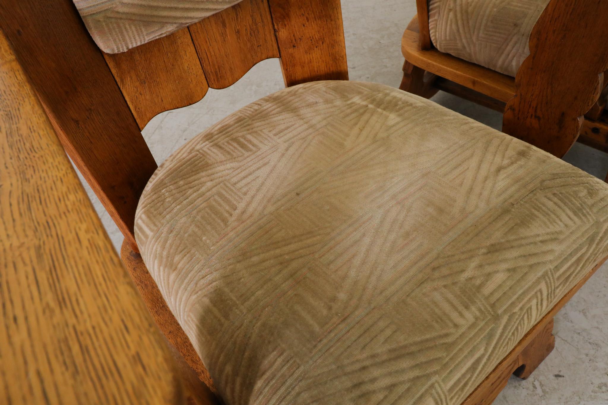 Brutalist Hand-Carved High Back Oak Lounge Chairs with Original Cushions For Sale 12