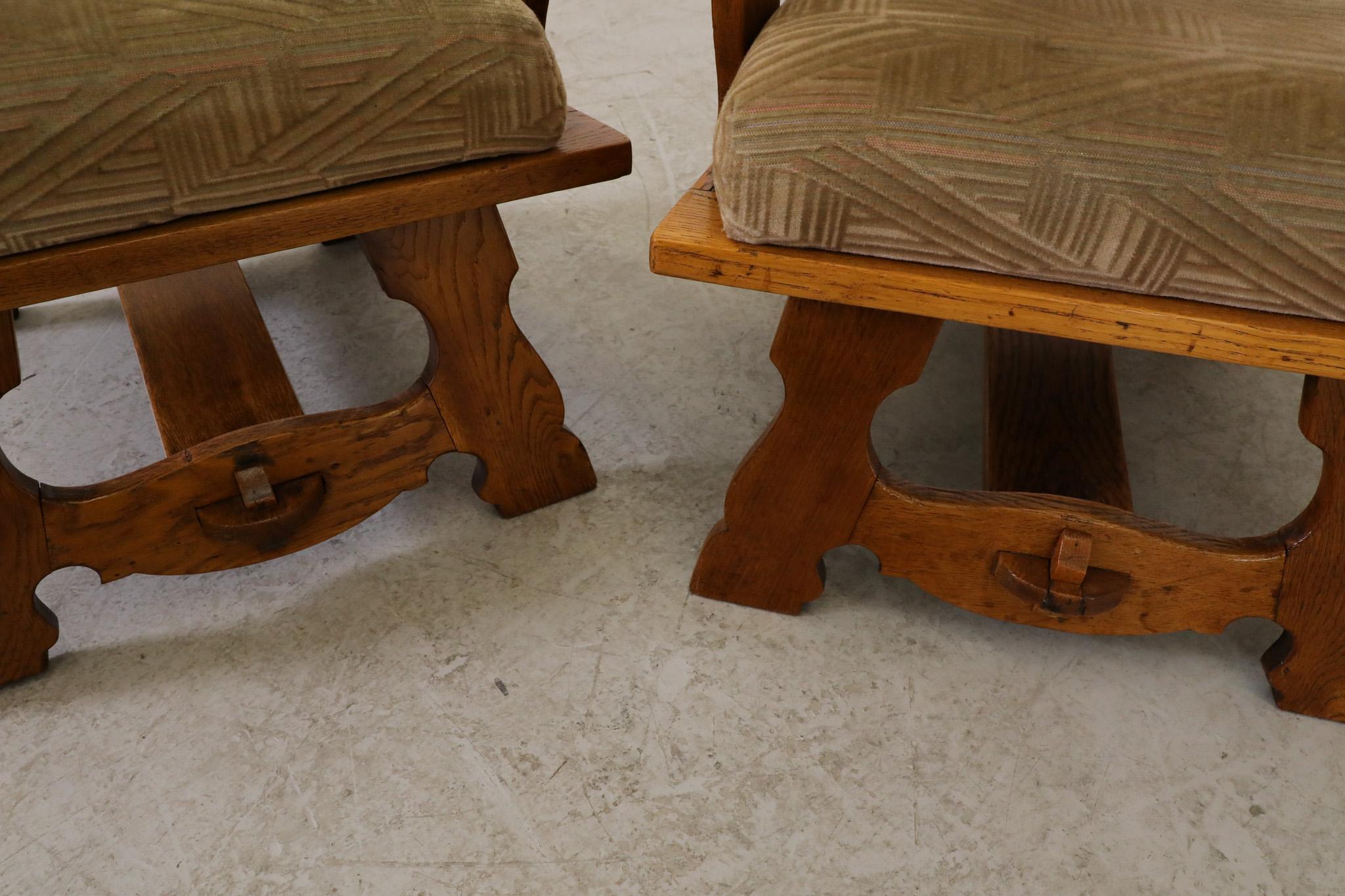 Brutalist Hand-Carved High Back Oak Lounge Chairs with Original Cushions For Sale 13