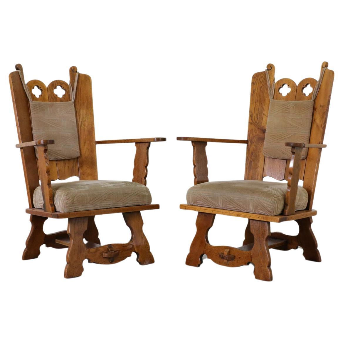 Brutalist Hand-Carved High Back Oak Lounge Chairs with Original Cushions