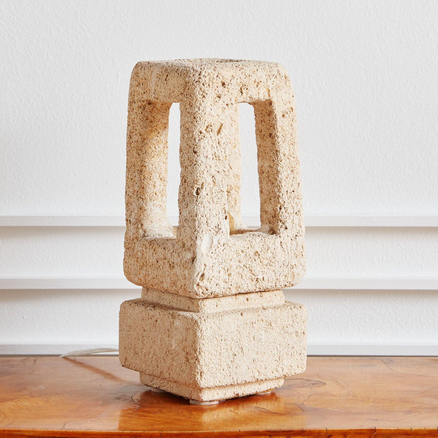 Brutalist Hand Carved Limestone Table Lamp Attributed to Albert Tormos, 1970s 5