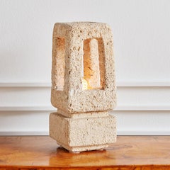 Brutalist Hand Carved Limestone Table Lamp Attributed to Albert Tormos, 1970s