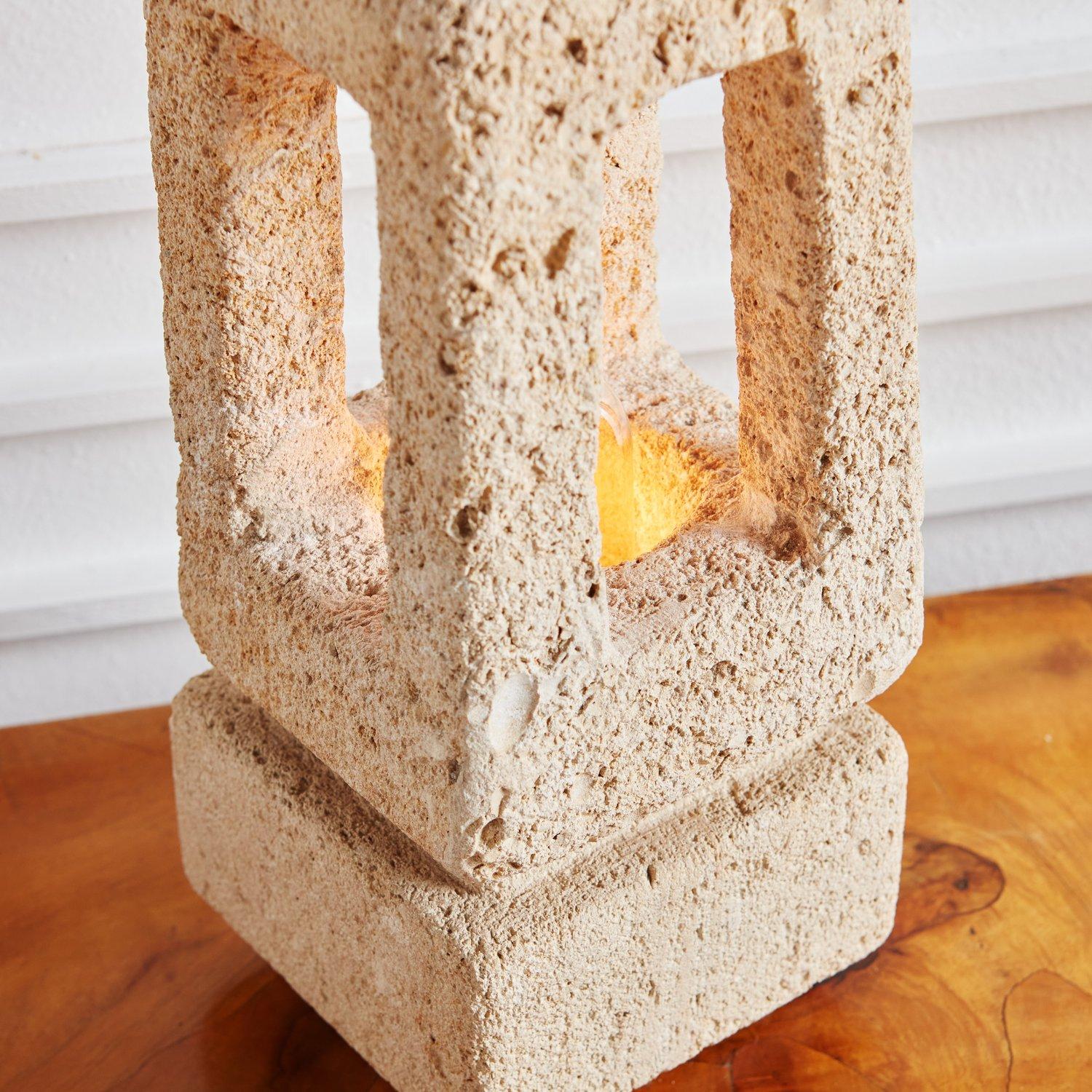 Mid-Century Modern Brutalist Hand Carved Limestone Table Lamp Attributed to Albert Tormos, 1970s