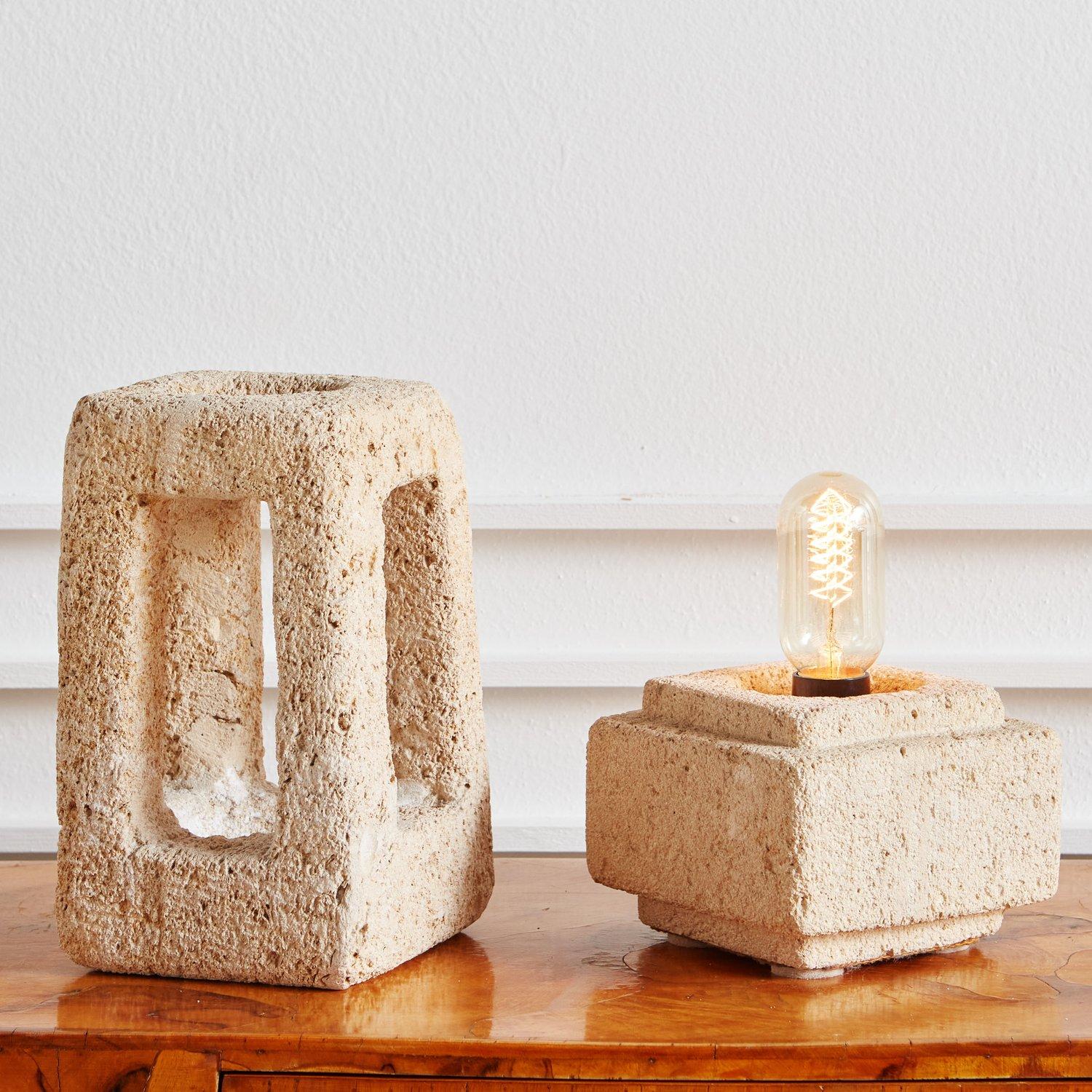Brutalist Hand Carved Limestone Table Lamp Attributed to Albert Tormos, 1970s 3