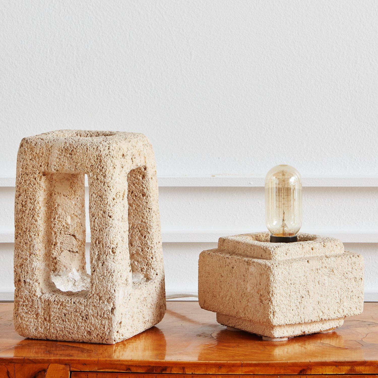 Brutalist Hand Carved Limestone Table Lamp Attributed to Albert Tormos, 1970s 4