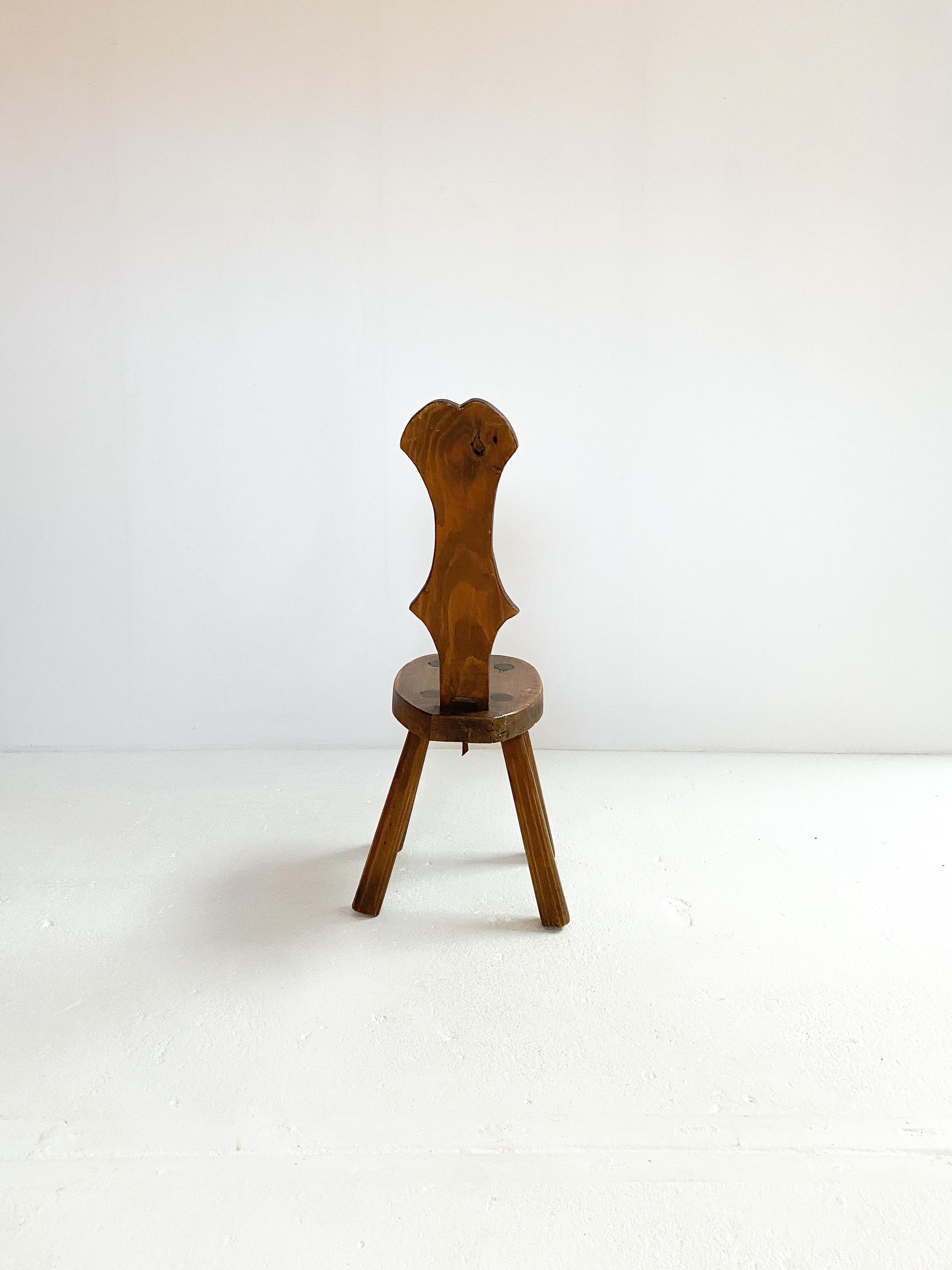 European Brutalist Hand Carved Pine Stool/Chair with Violin Back, French, 1950s For Sale