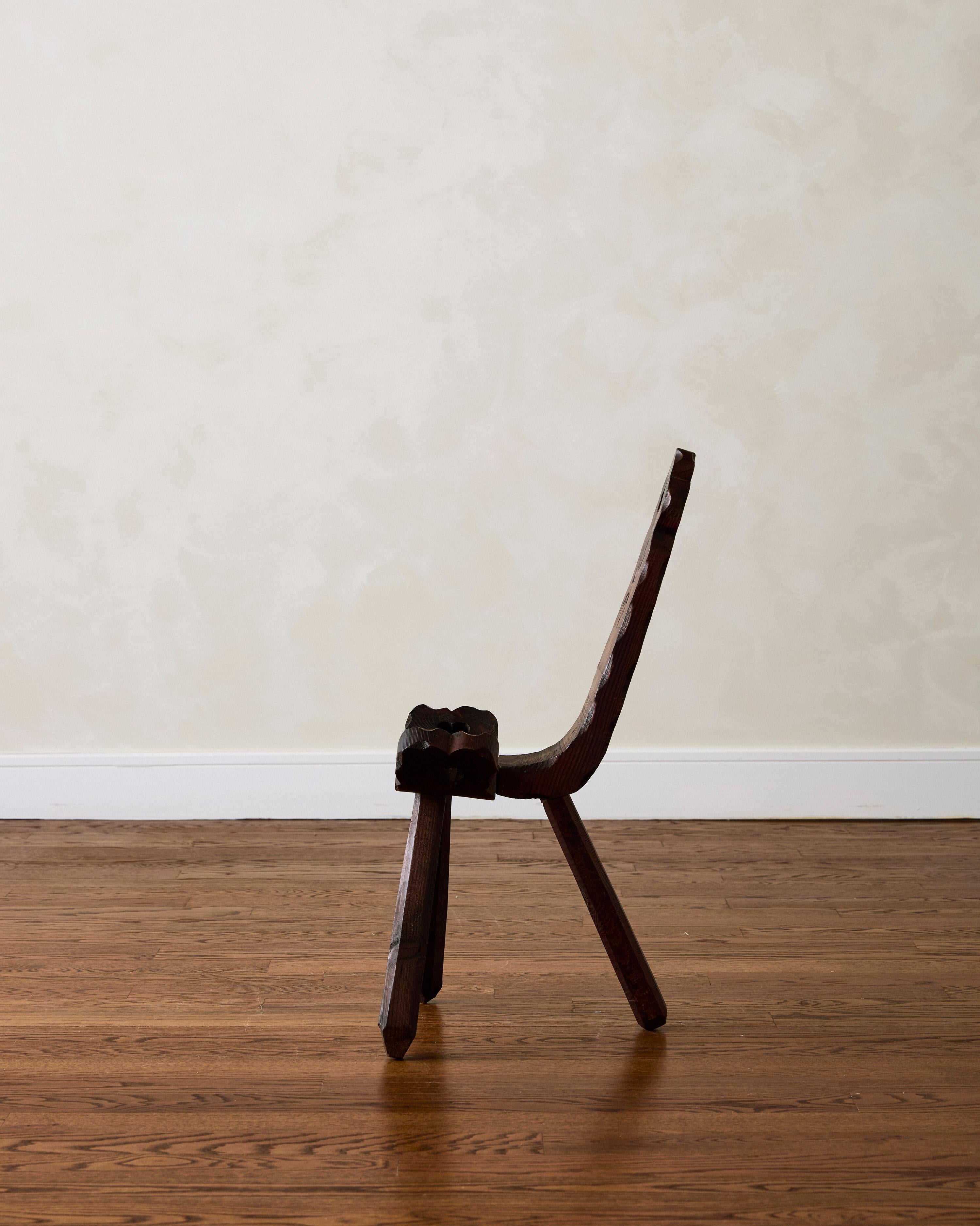 Spanish Brutalist Hand-Carved Tripod Chair For Sale