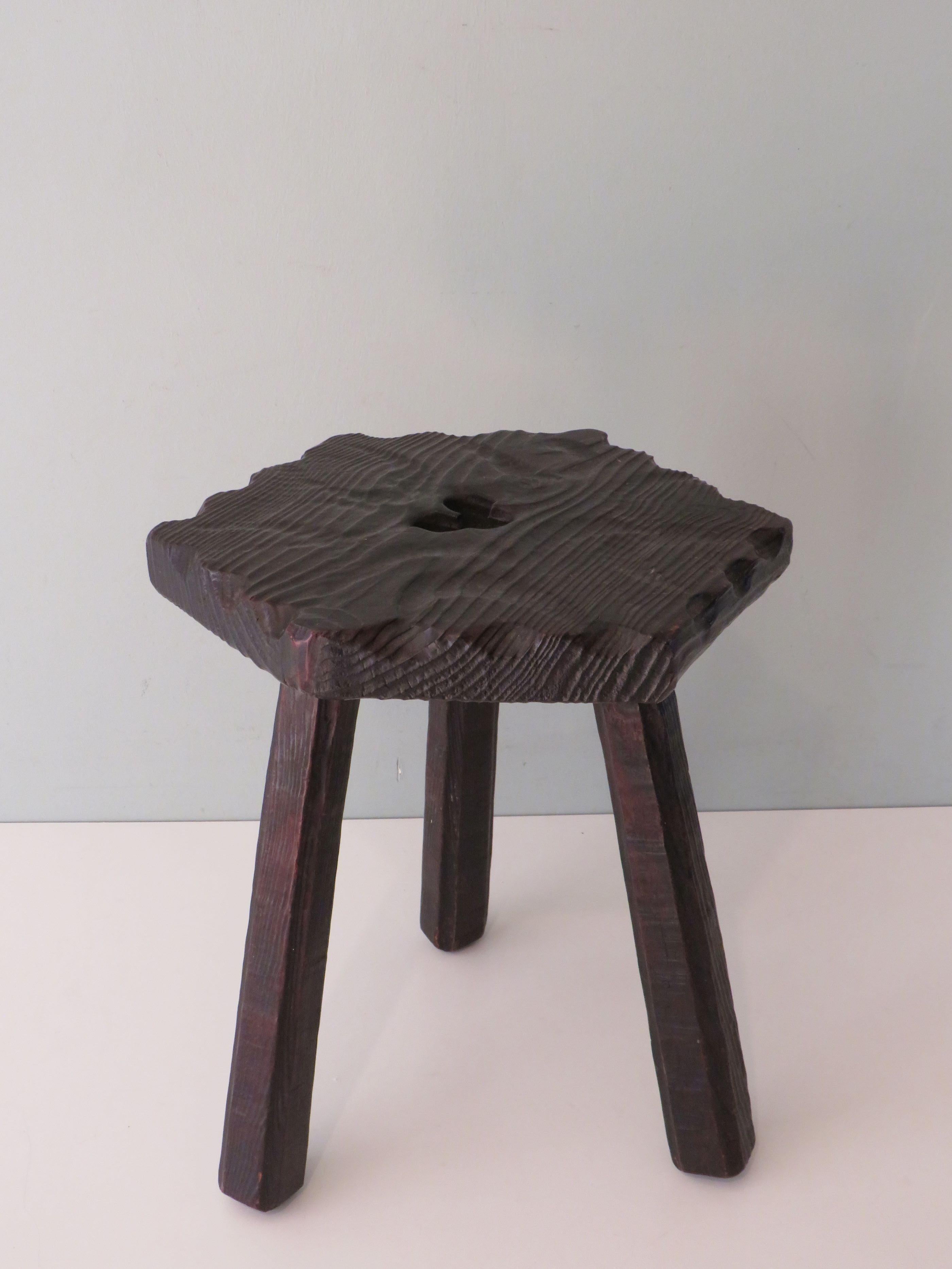 Hand-Carved Brutalist, hand-carved tripod Spanish stool, 1960