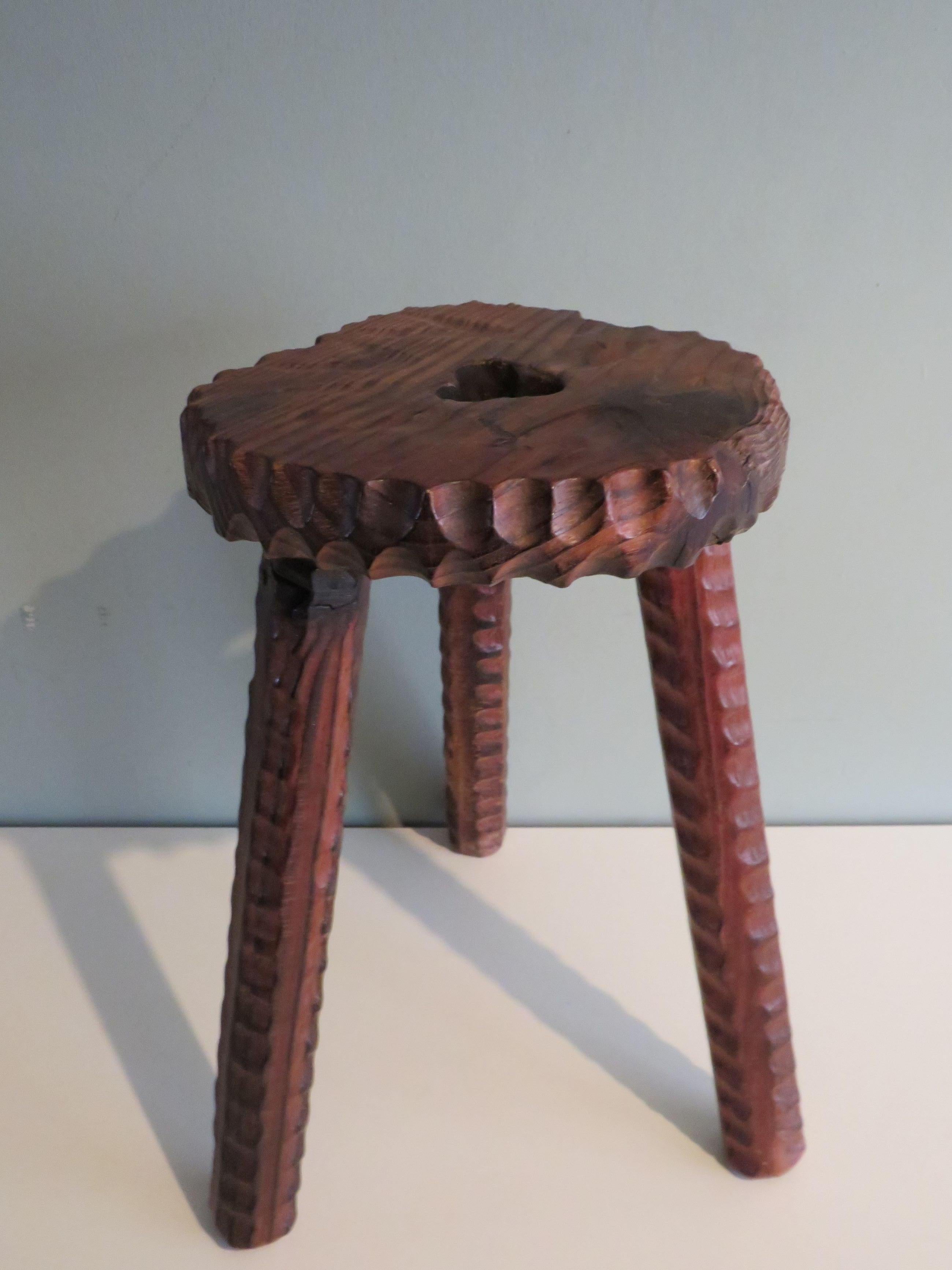 Hand-Carved Brutalist, hand-carved tripod Spanish stool, 1960