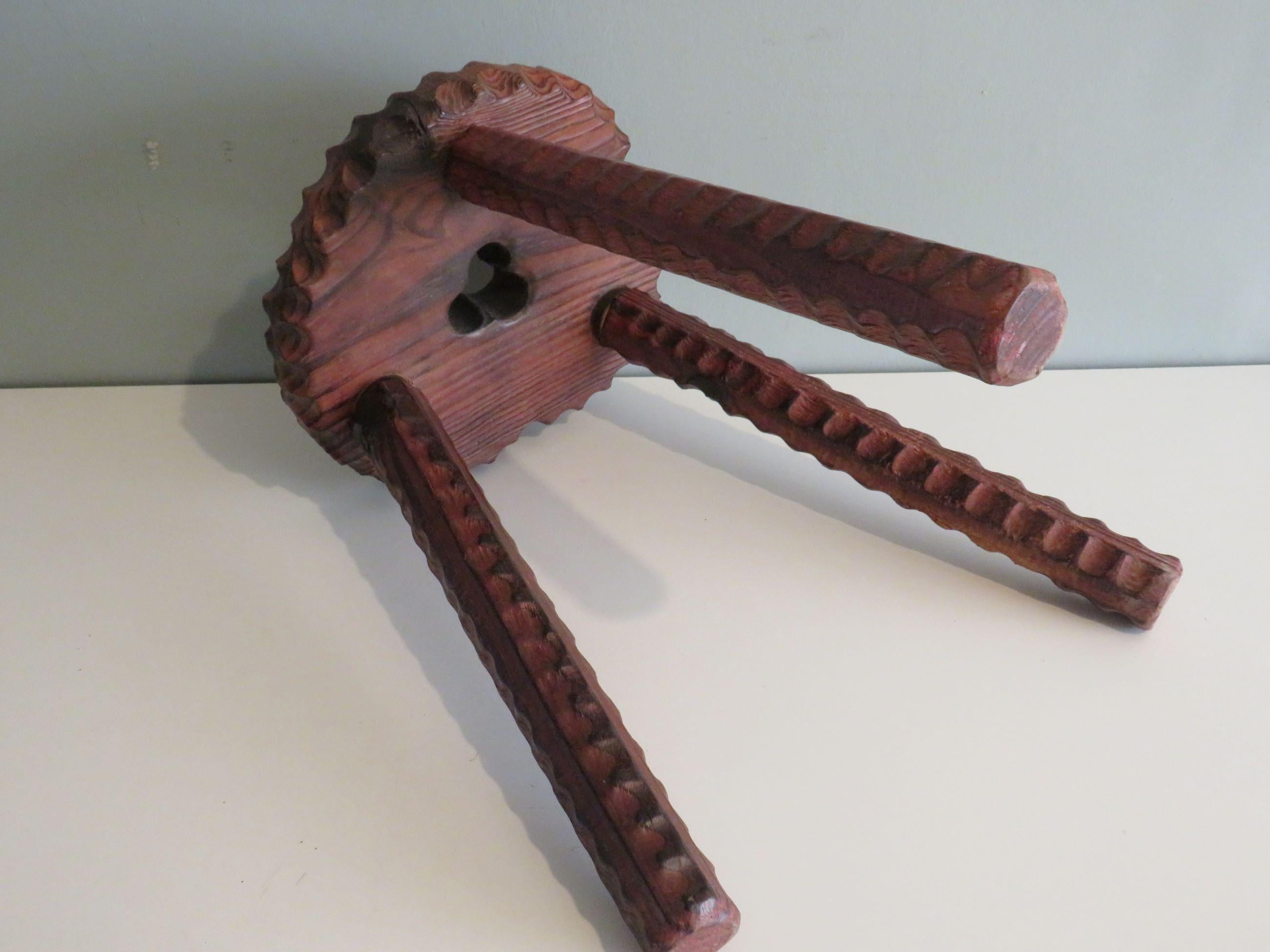Wood Brutalist, hand-carved tripod Spanish stool, 1960