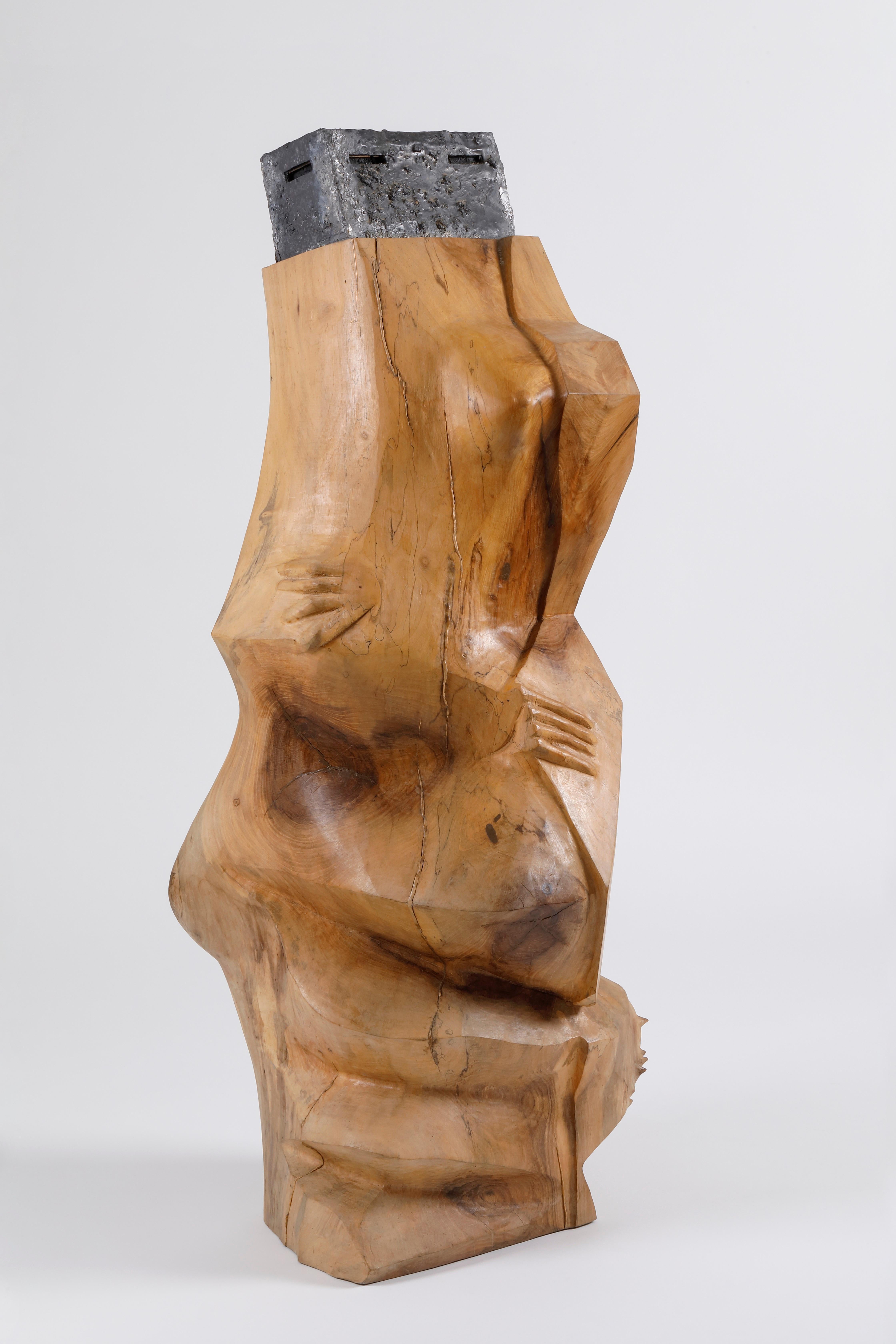 French Brutalist hand-carved wooden sculpture, France For Sale