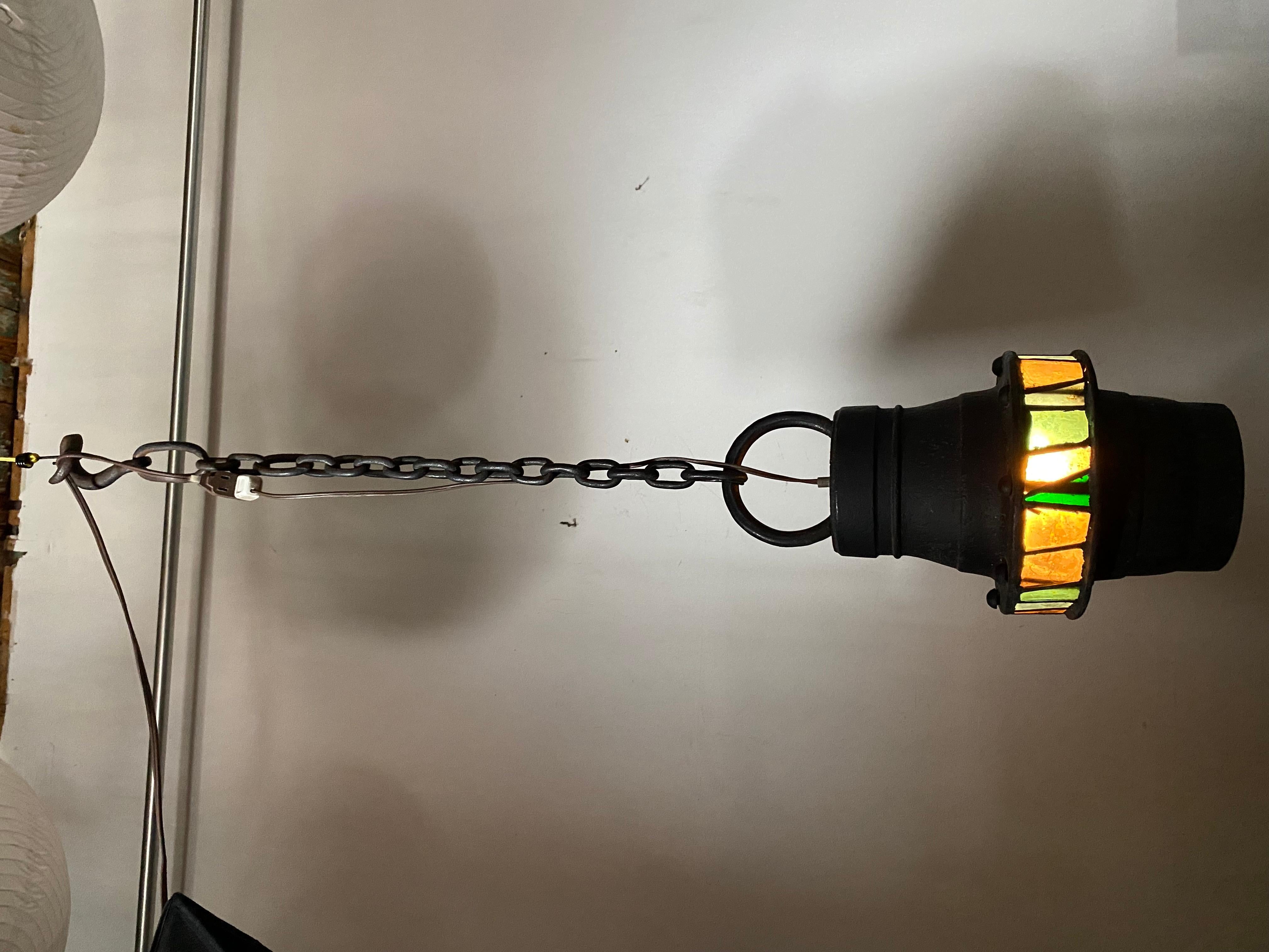Brutalist Hand-Crafted Iron and stained Glass Hanging Pendant Lamp, c. 1960's For Sale 5