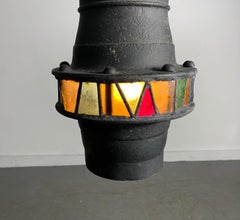 Brutalist Hand-Crafted Iron and stained Glass Hanging Pendant Lamp, c. 1960's