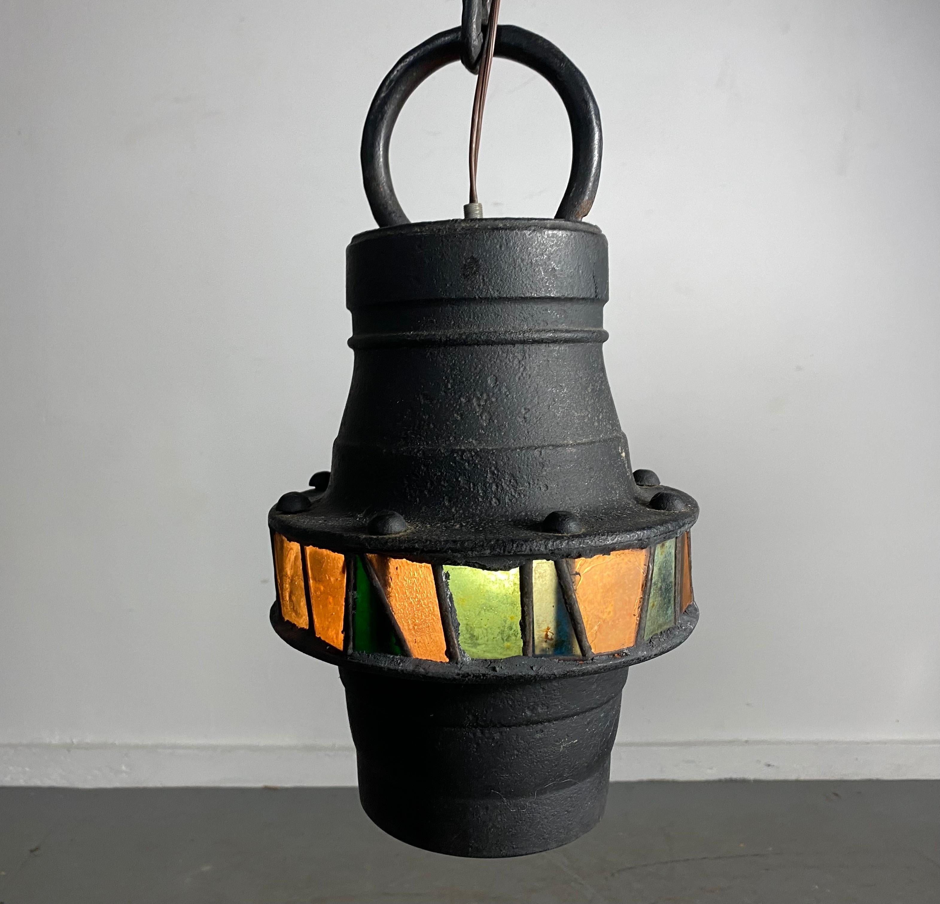 Brutalist Hand-Crafted Iron and stained Glass Hanging Pendant Lamp, c. 1960's For Sale 1