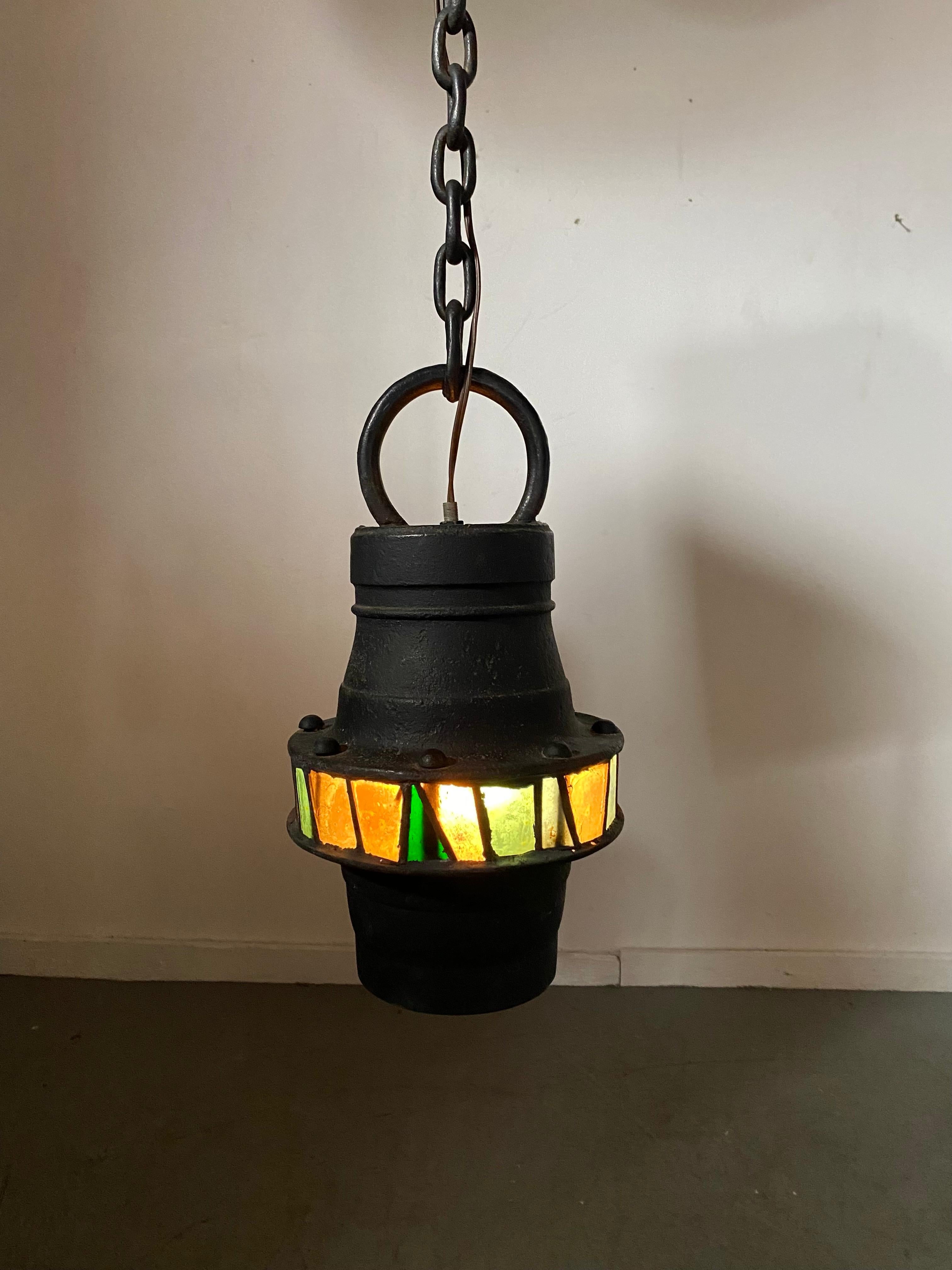 Brutalist Hand-Crafted Iron and stained Glass Hanging Pendant Lamp, c. 1960's For Sale 4