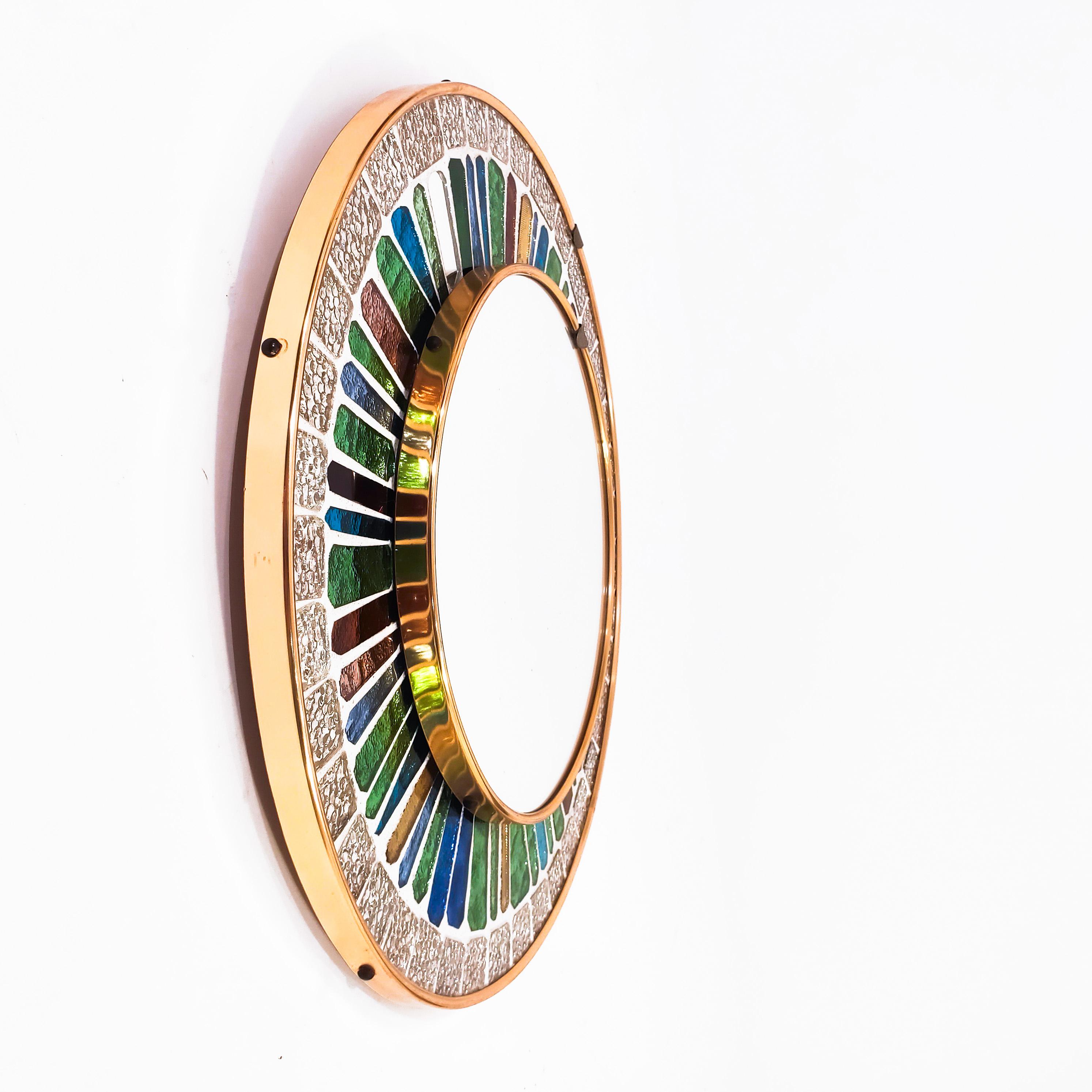 Mid-Century Modern Brutalist hand-crafted multicoloured glass mosaic wall mirror, Spain, 1960s For Sale