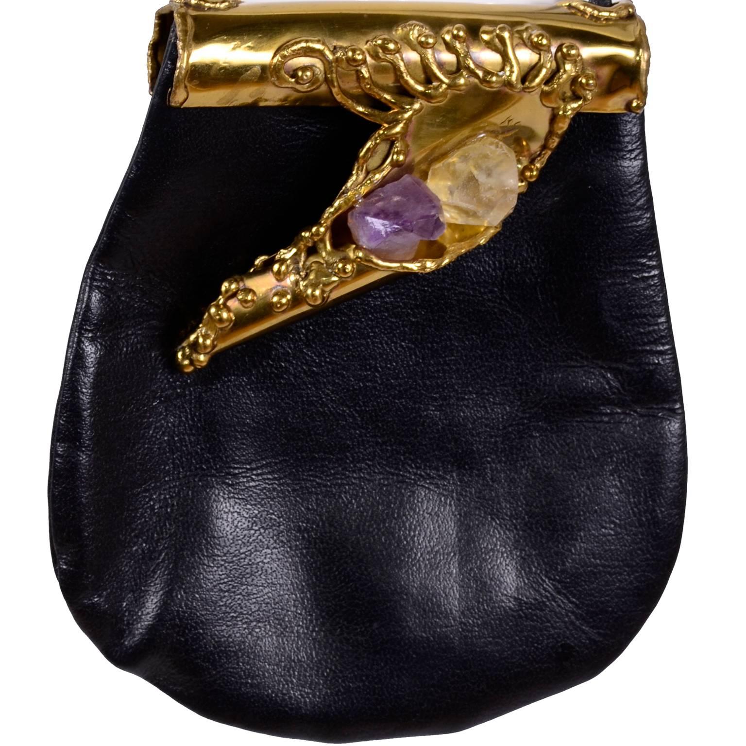 Brutalist Hand Forged Brass on Black Leather Handbag made in Brazil  5