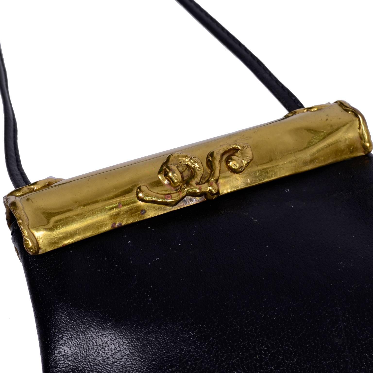 Brutalist Hand Forged Brass on Black Leather Handbag made in Brazil  2