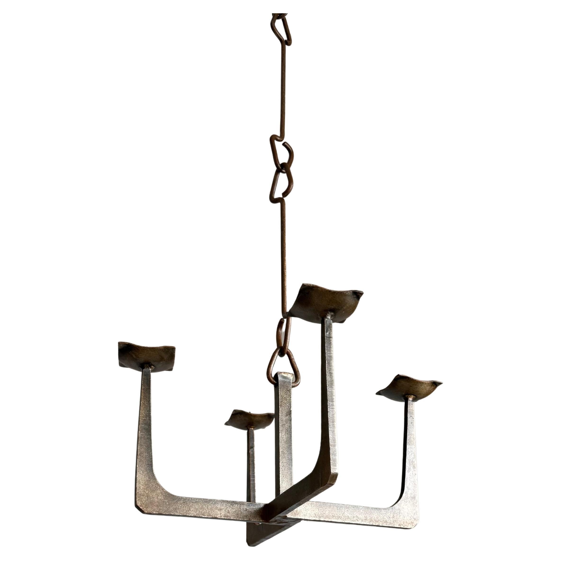 Brutalist Hand-Forged Iron Candle Chandelier, France 1950s, Sculptural Pendant