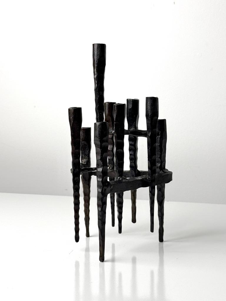 Mid-Century Modern Brutalist Hand Forged Iron Menorah Candelabra Sculpture by David Palombo For Sale