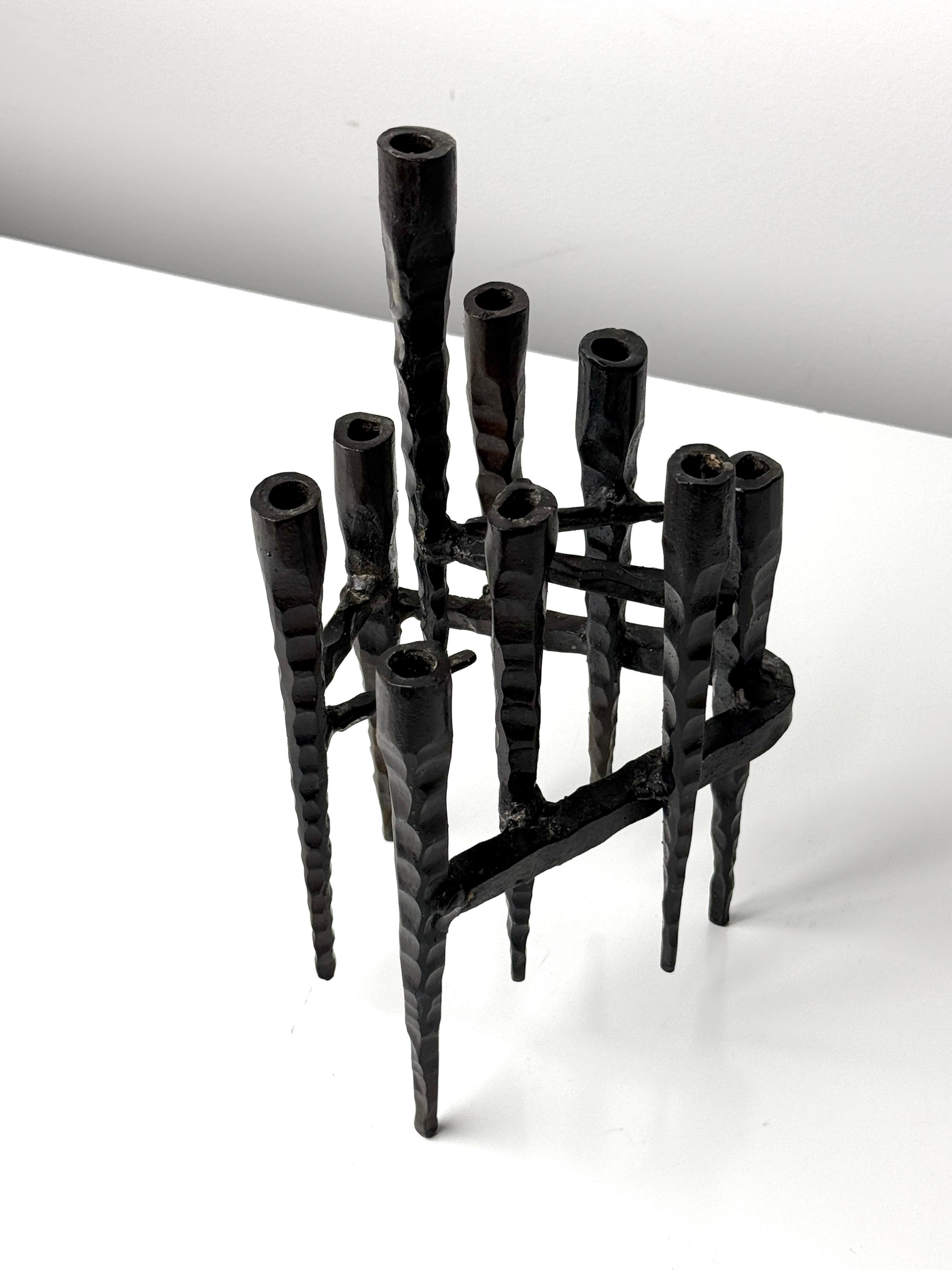 Brutalist Hand Forged Iron Menorah Candelabra Sculpture by David Palombo In Good Condition For Sale In Troy, MI