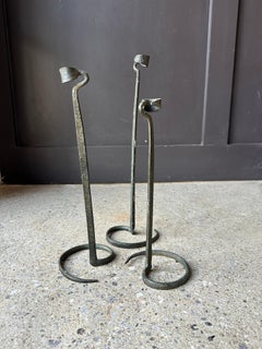Brutalist hand forged wrought iron spiral candle stick holders - set of 3