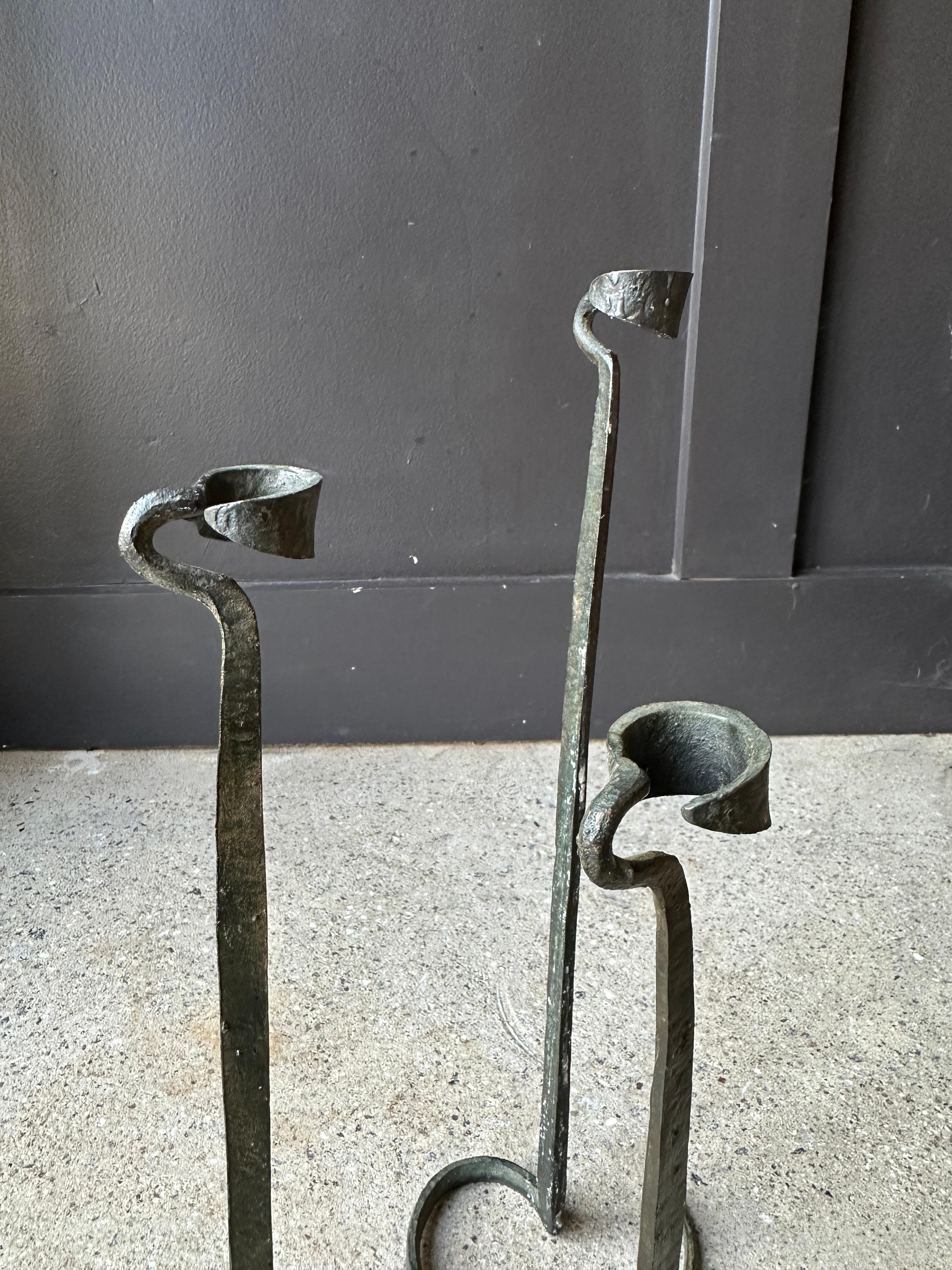 American Brutalist hand forged wrought iron spiral candle stick holders - set of 3 For Sale