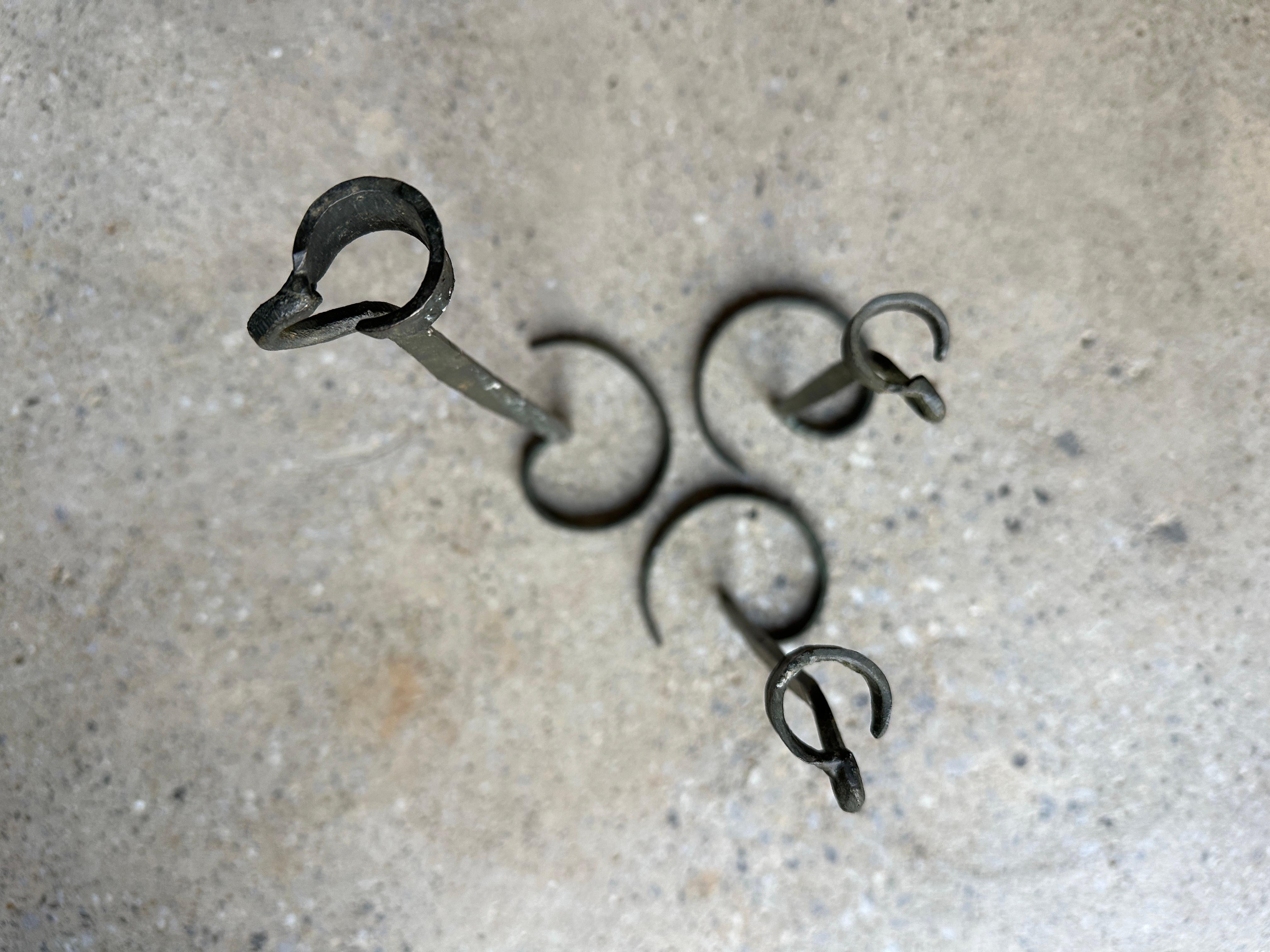 Late 20th Century Brutalist hand forged wrought iron spiral candle stick holders - set of 3 For Sale