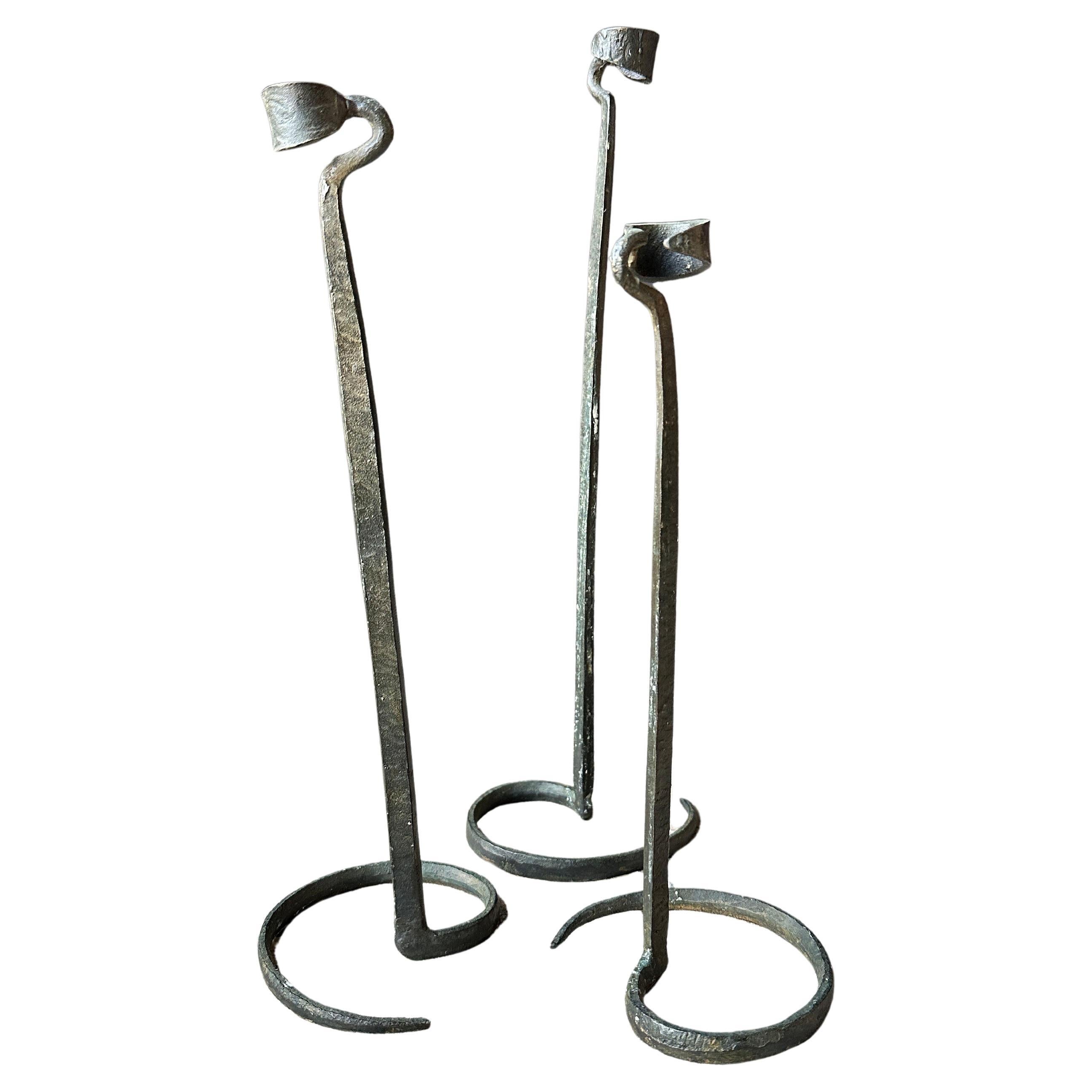 Brutalist hand forged wrought iron spiral candle stick holders - set of 3 For Sale