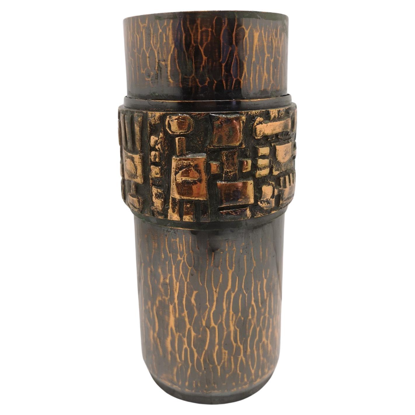 Brutalist Hand-Made Artistan Bronze and Hammered Copper Vase, 1970s For Sale