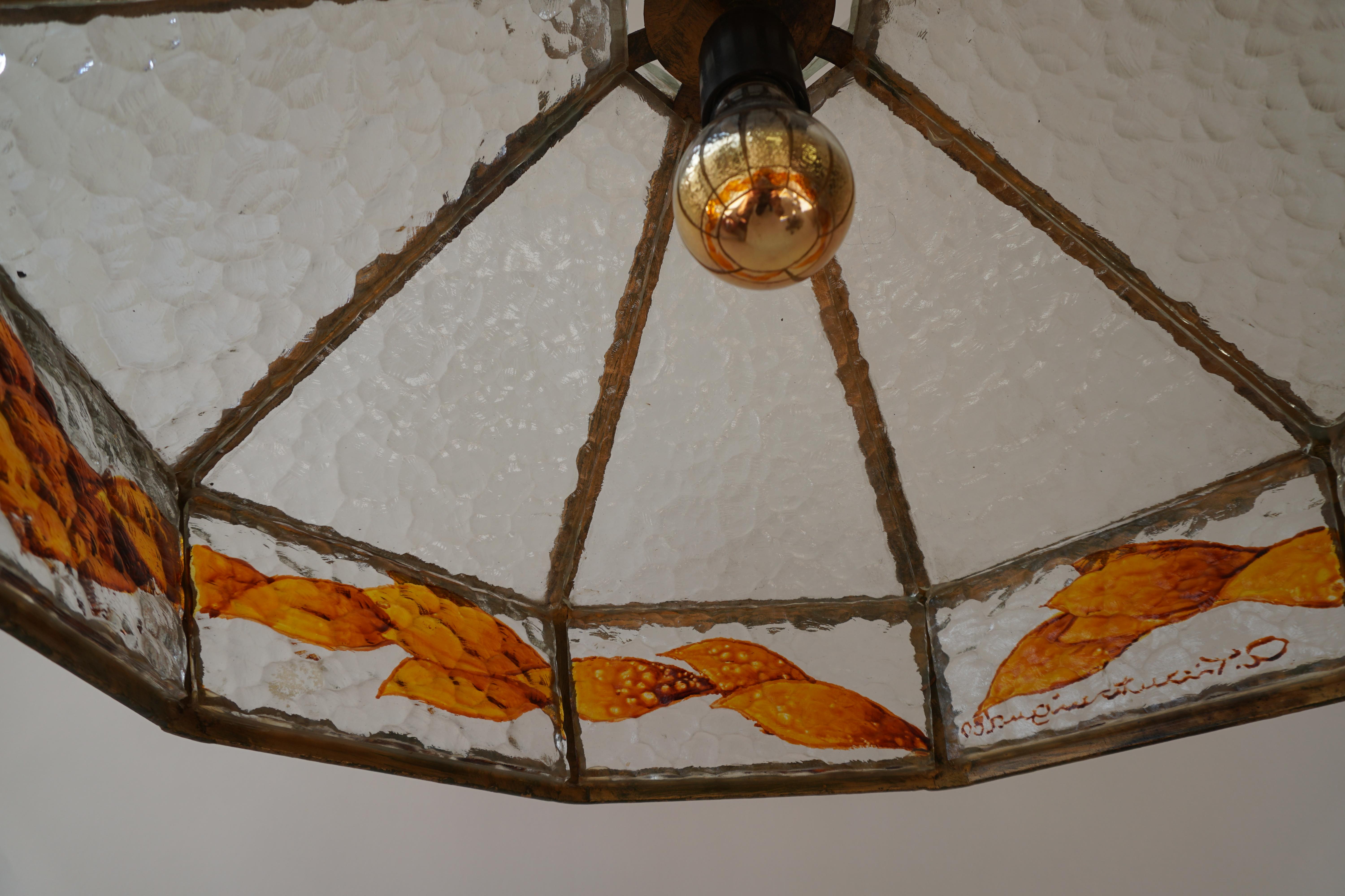 Brutalist Hand Painted Stained Glass Pendant Light Fixture For Sale 3