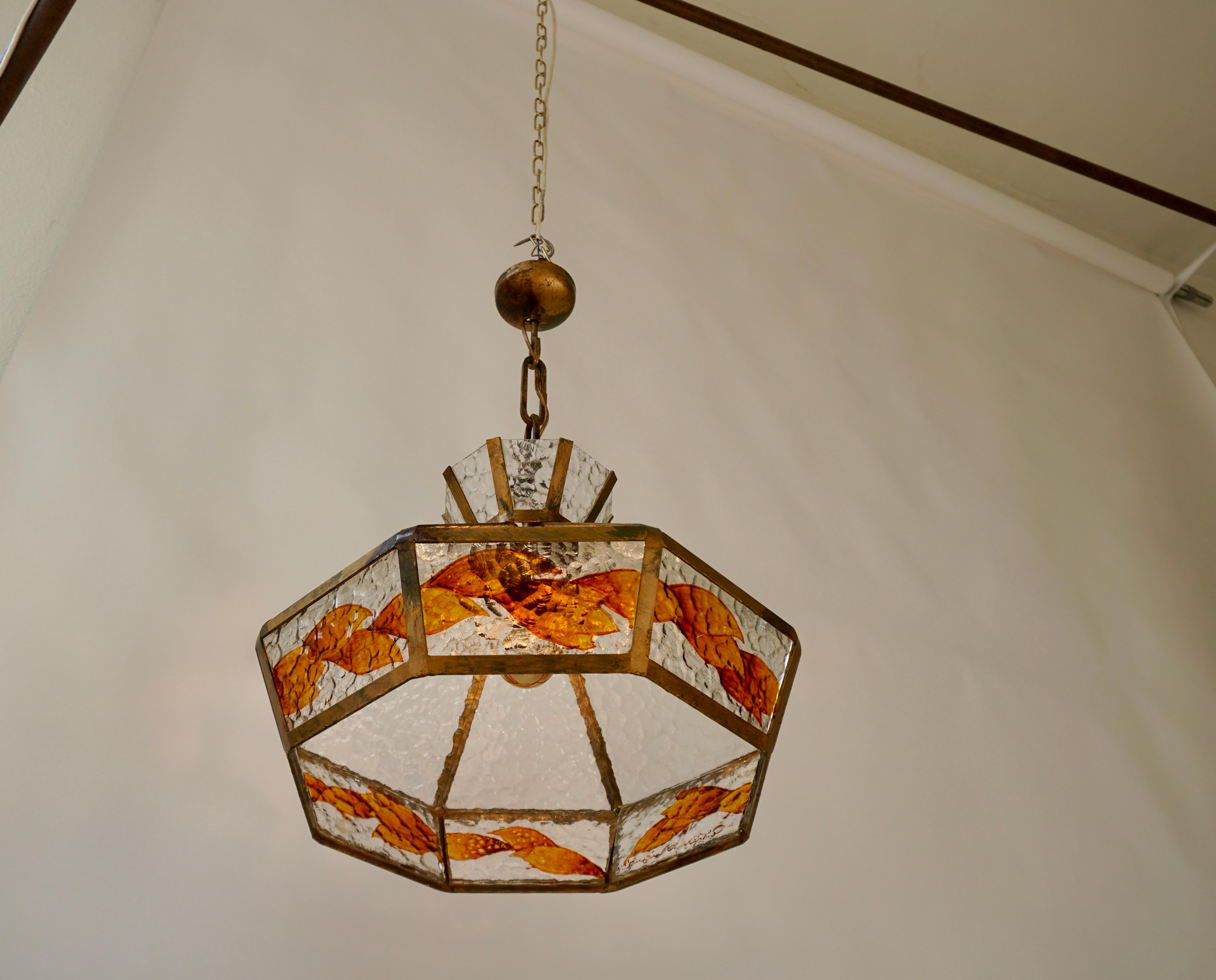 Brutalist Hand Painted Stained Glass Pendant Light Fixture For Sale 6