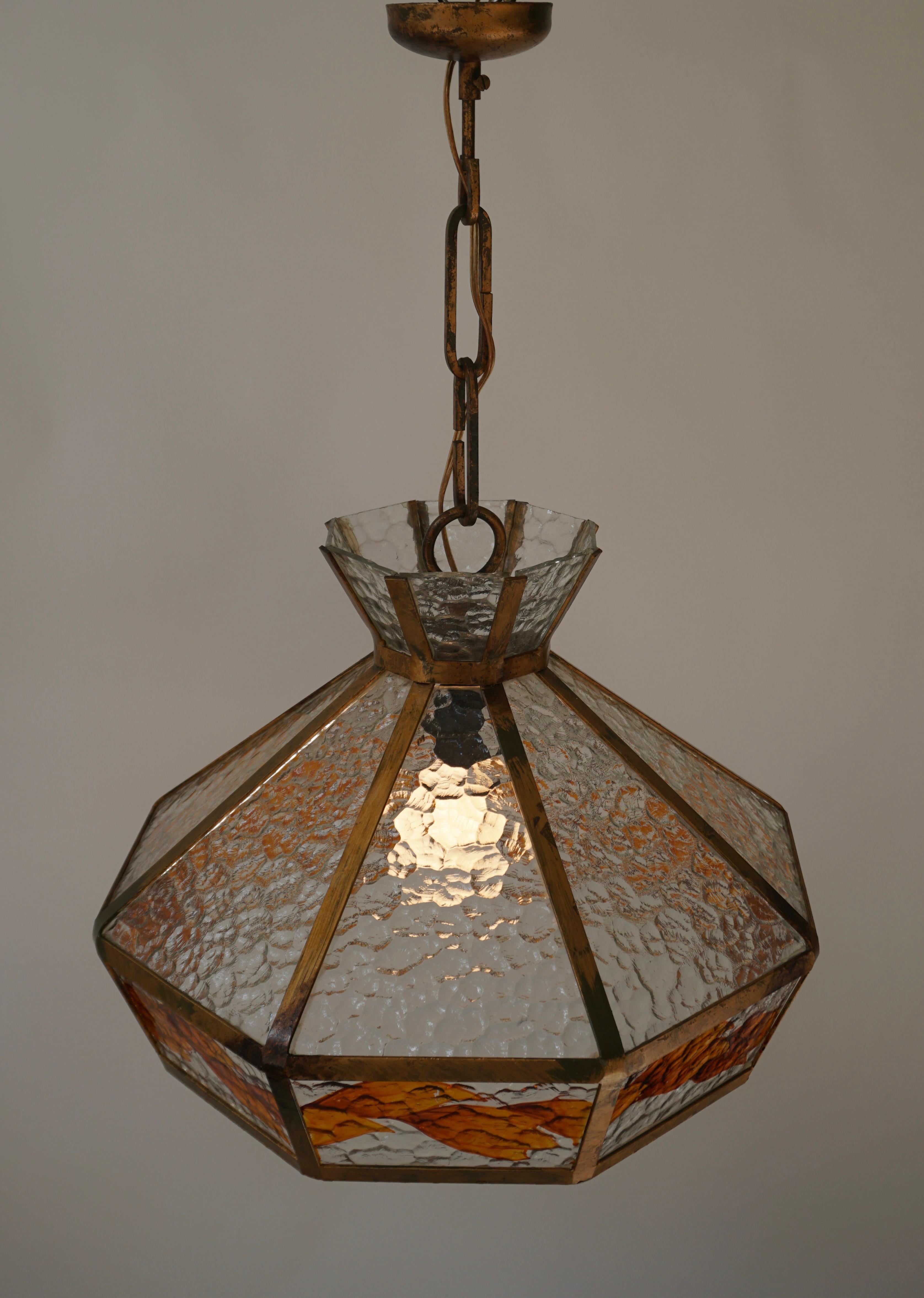 Brutalist Hand Painted Stained Glass Pendant Light Fixture For Sale 7