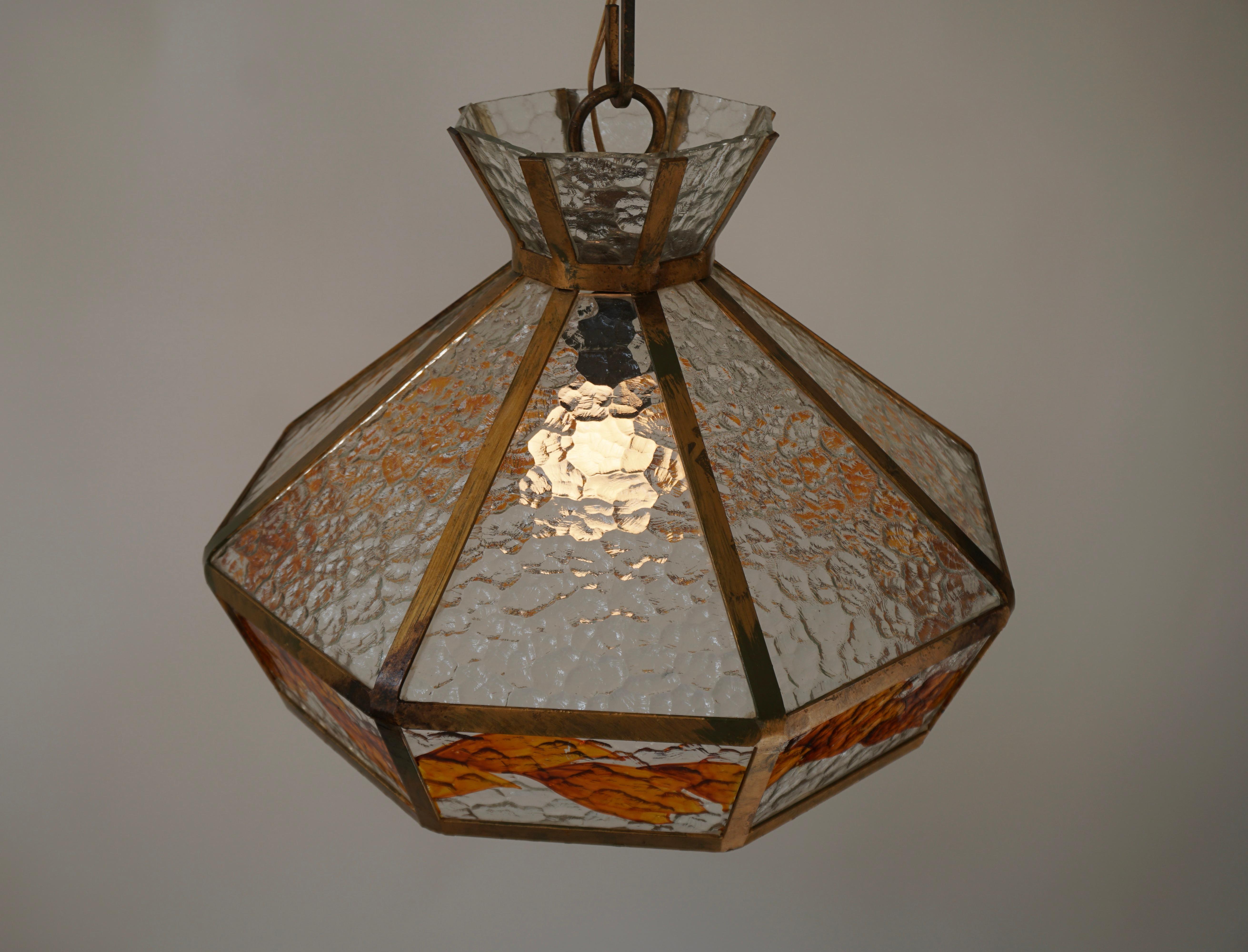 Brutalist Hand Painted Stained Glass Pendant Light Fixture For Sale 8