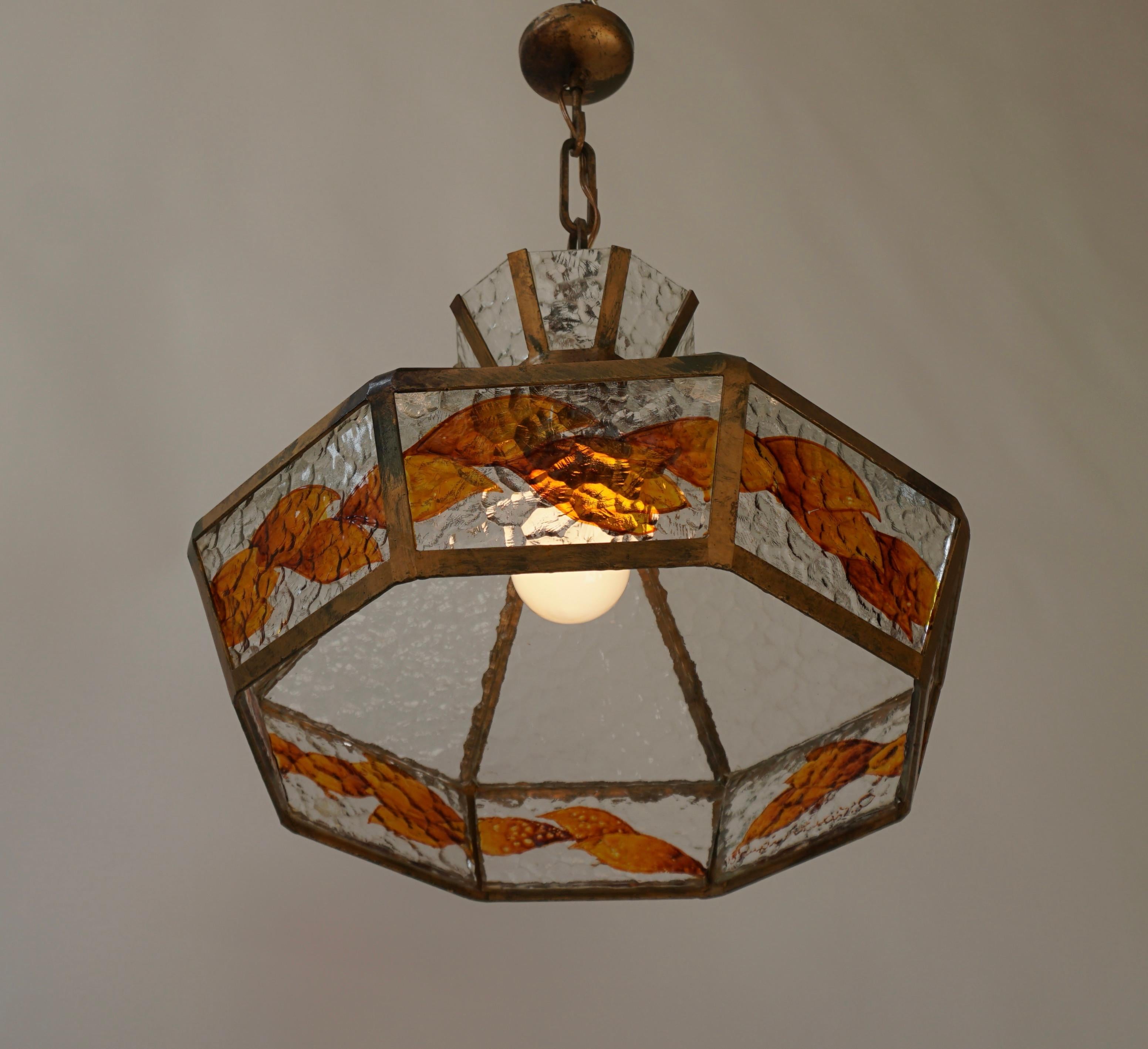 Brutalist Hand Painted Stained Glass Pendant Light Fixture For Sale 9