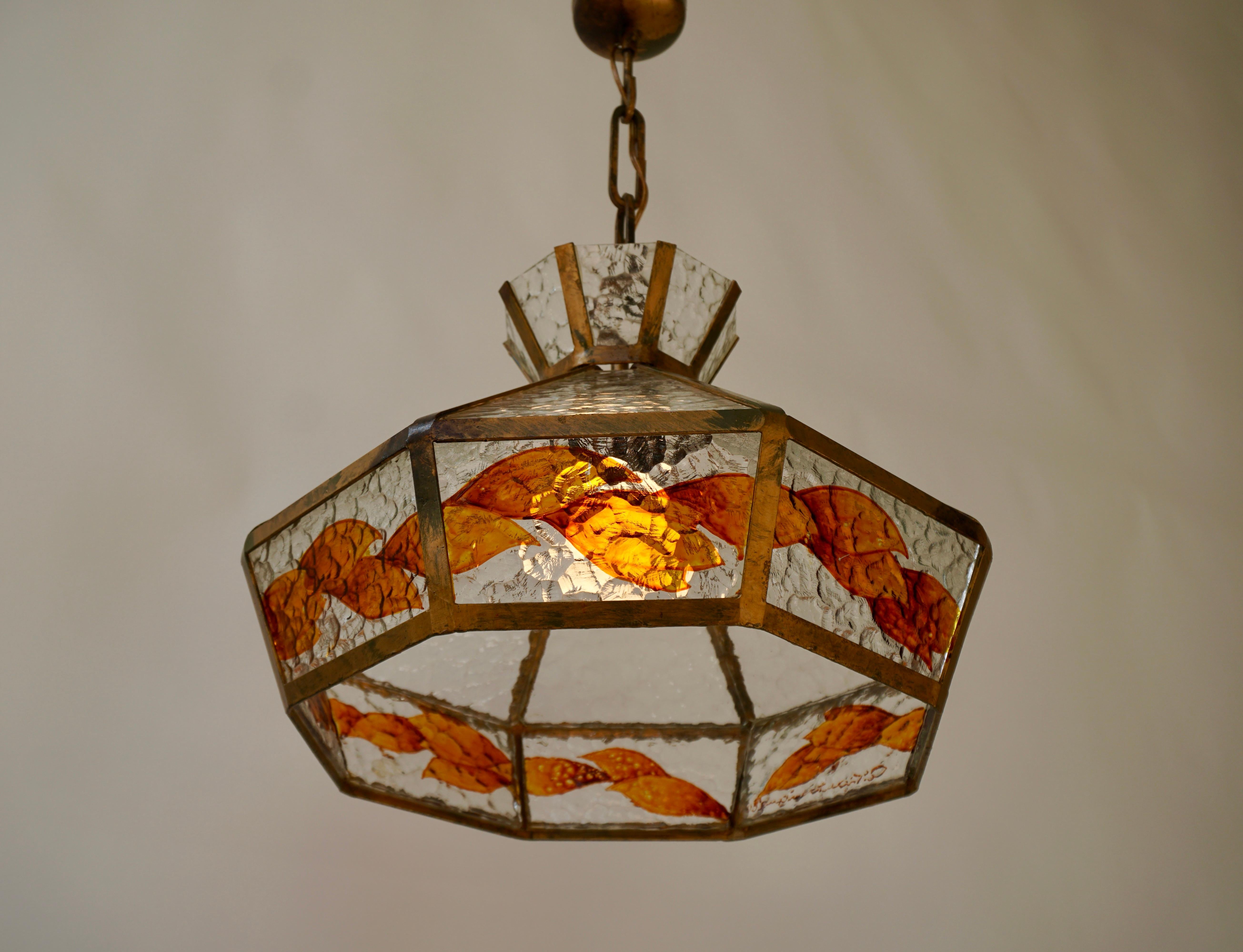 Brutalist Hand Painted Stained Glass Pendant Light Fixture For Sale 10