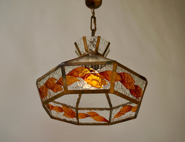 Brutalist Hand Painted Stained Glass Pendant Light Fixture 11