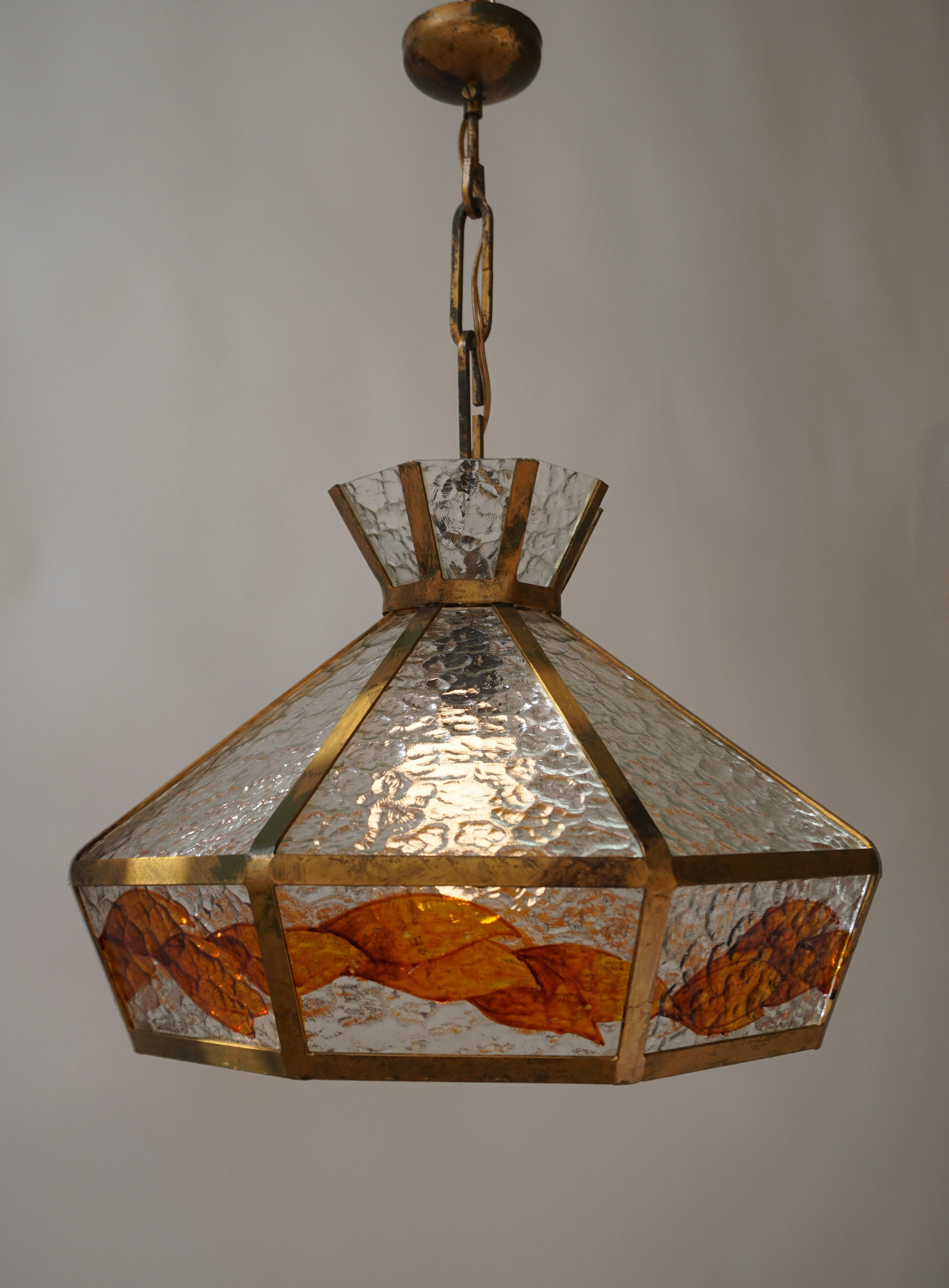Brutalist Hand Painted Stained Glass Pendant Light Fixture For Sale 11