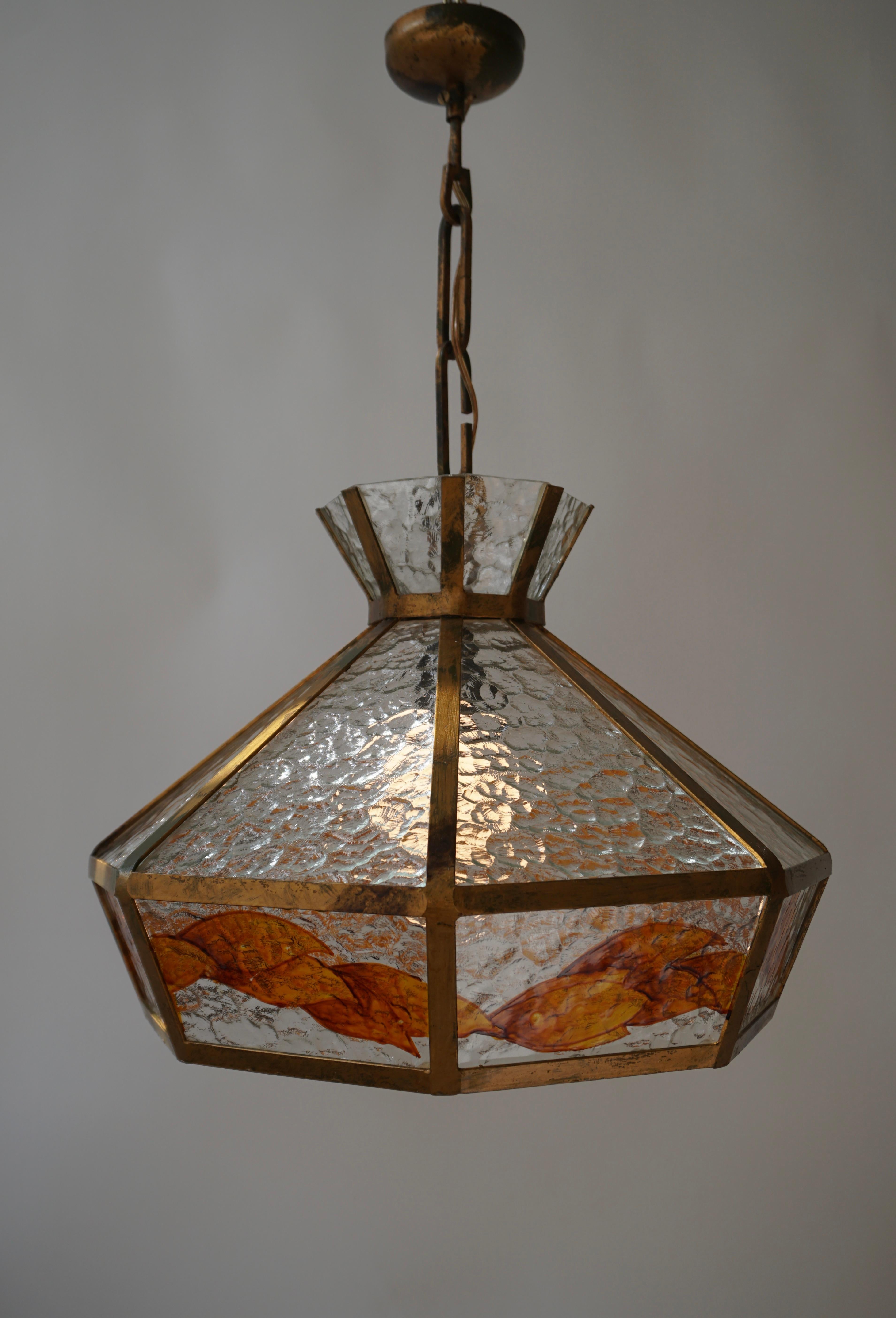 Brutalist Hand Painted Stained Glass Pendant Light Fixture For Sale 12
