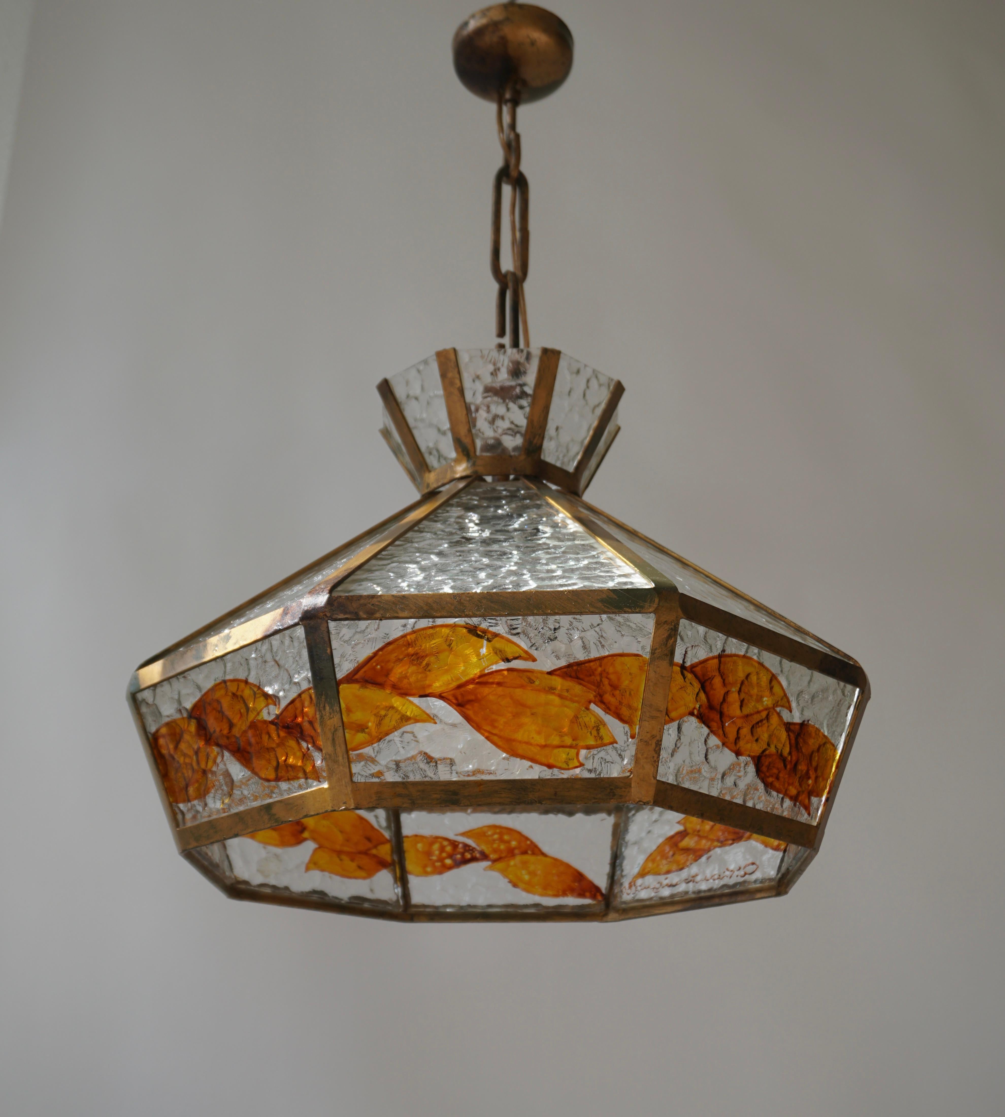 Mid-Century Modern Brutalist Hand Painted Stained Glass Pendant Light Fixture For Sale