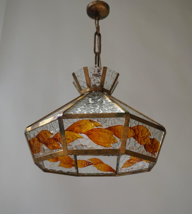 Hand-Painted Brutalist Hand Painted Stained Glass Pendant Light Fixture